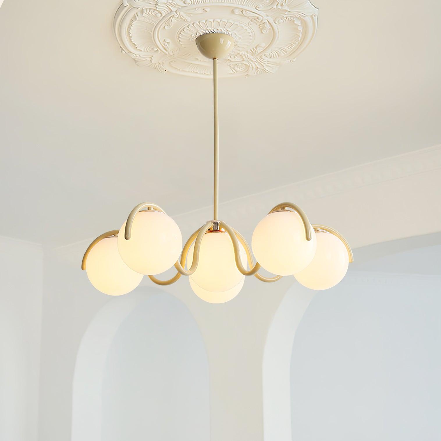 Lustra Chandelier White Glass Globes Curved Frame-Neutral Decor