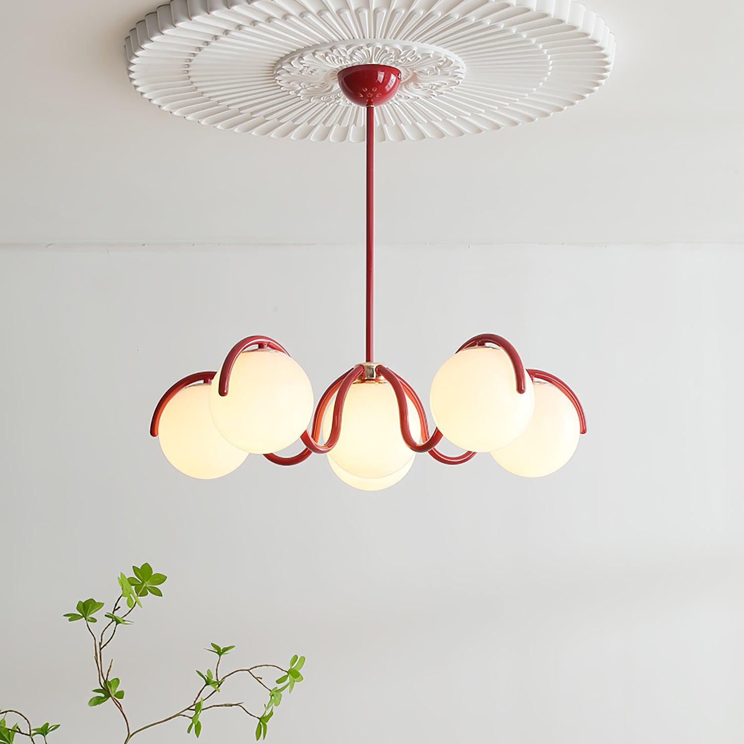 Lustra Chandelier White Glass Globes Curved Frame-Neutral Decor