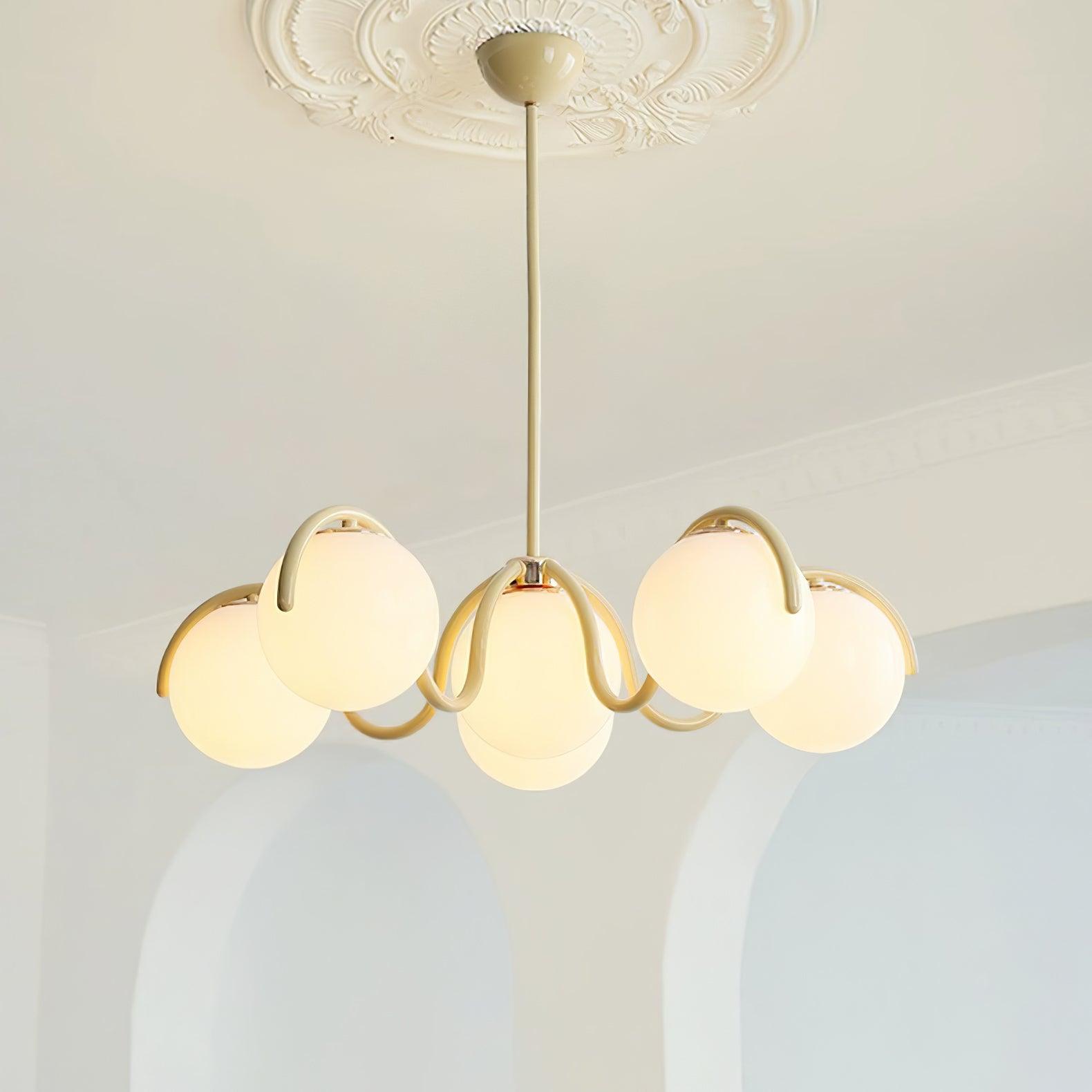 Lustra Chandelier White Glass Globes Curved Frame-Neutral Decor