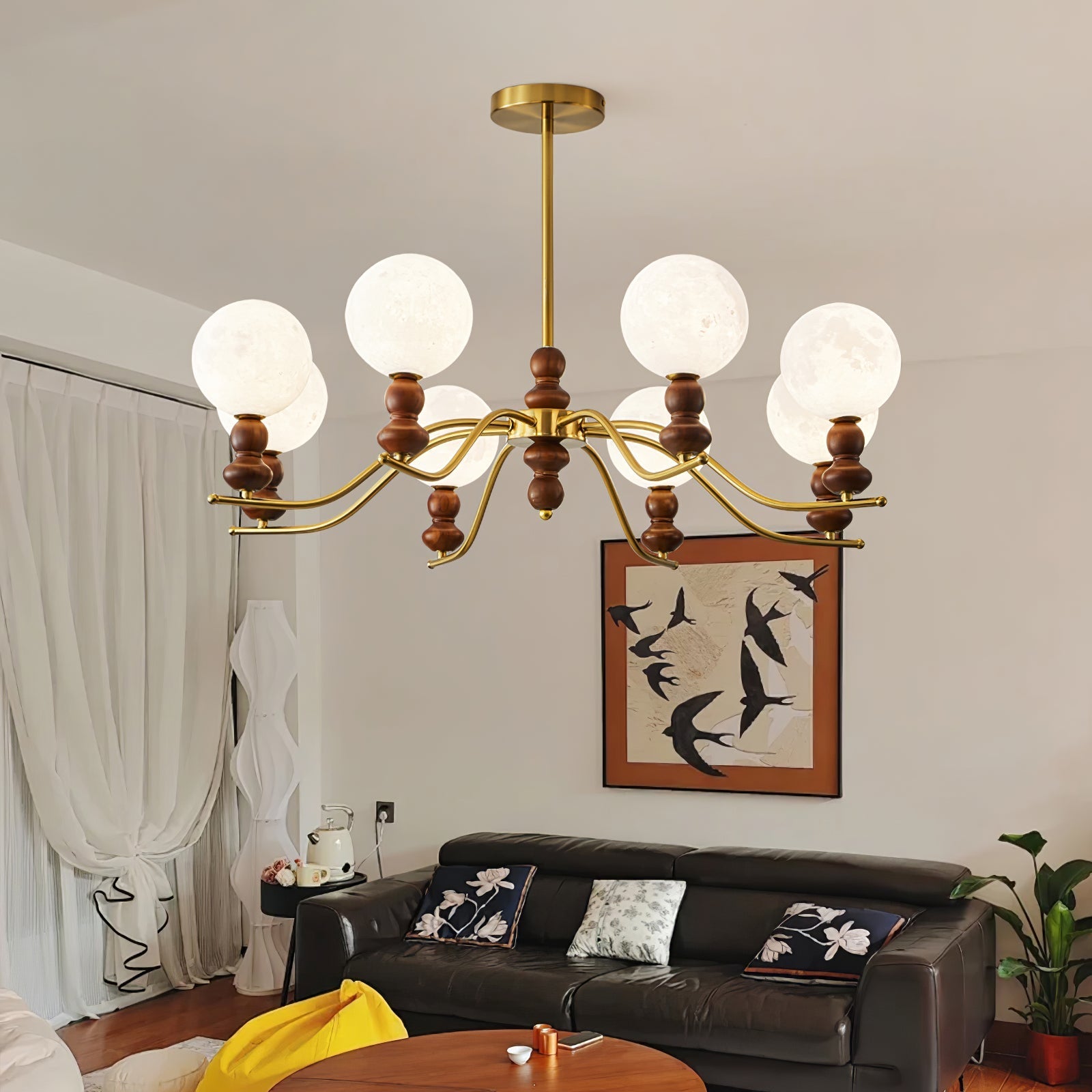 Lustra Chandelier Brass Wood Globe Classic-Neutral Decor