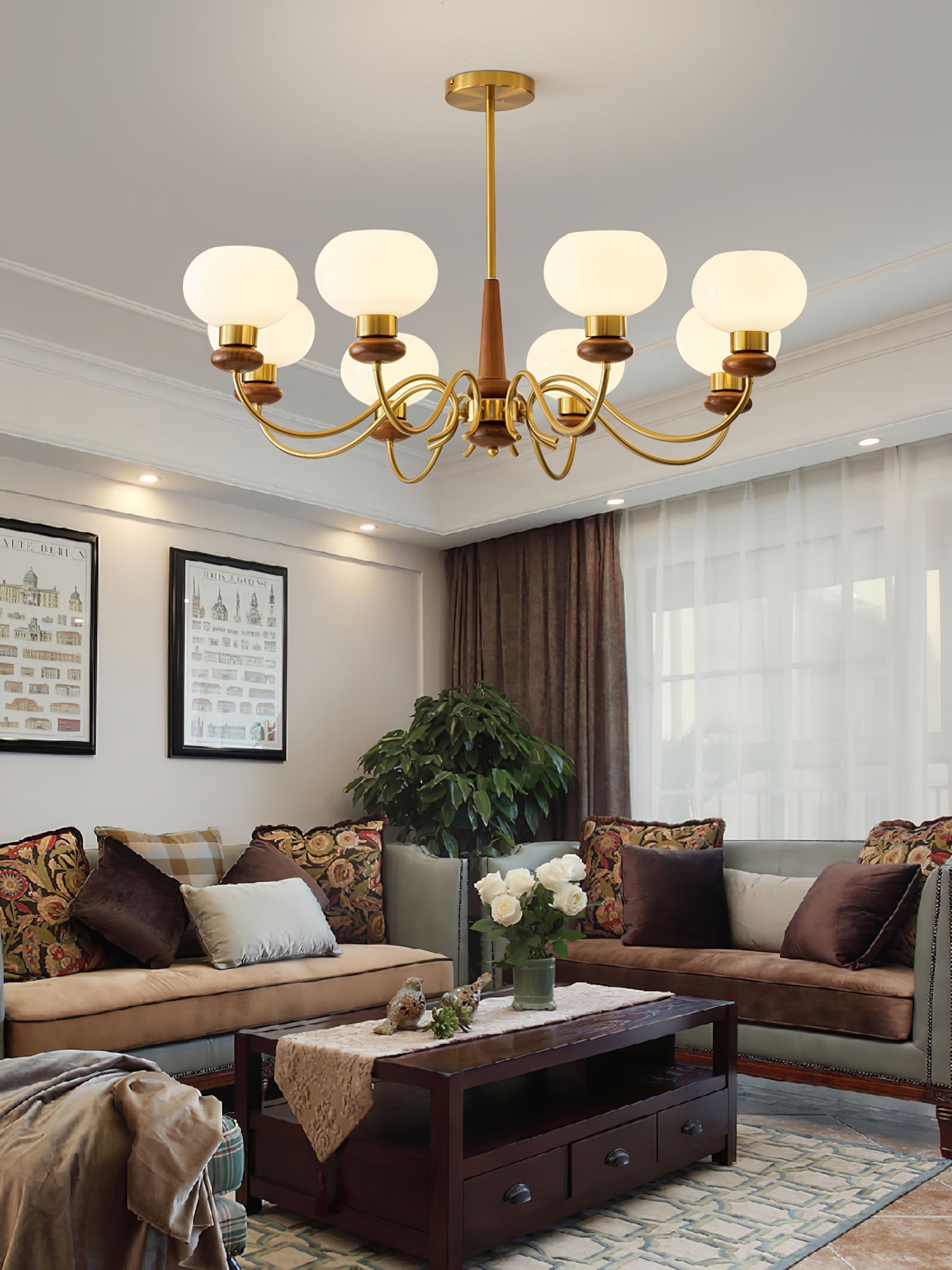 Lustra Chandelier Brass Wood Globe Classic-Neutral Decor