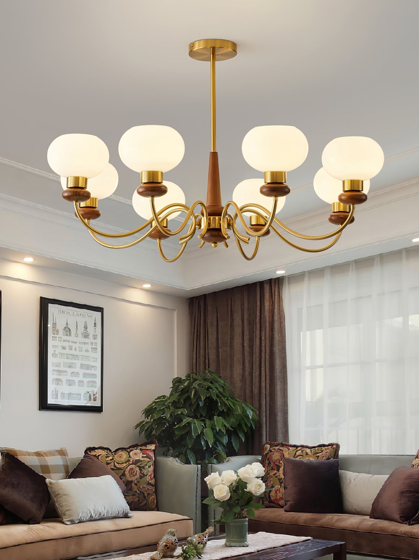 Lustra Chandelier Brass Wood Globe Classic-Neutral Decor