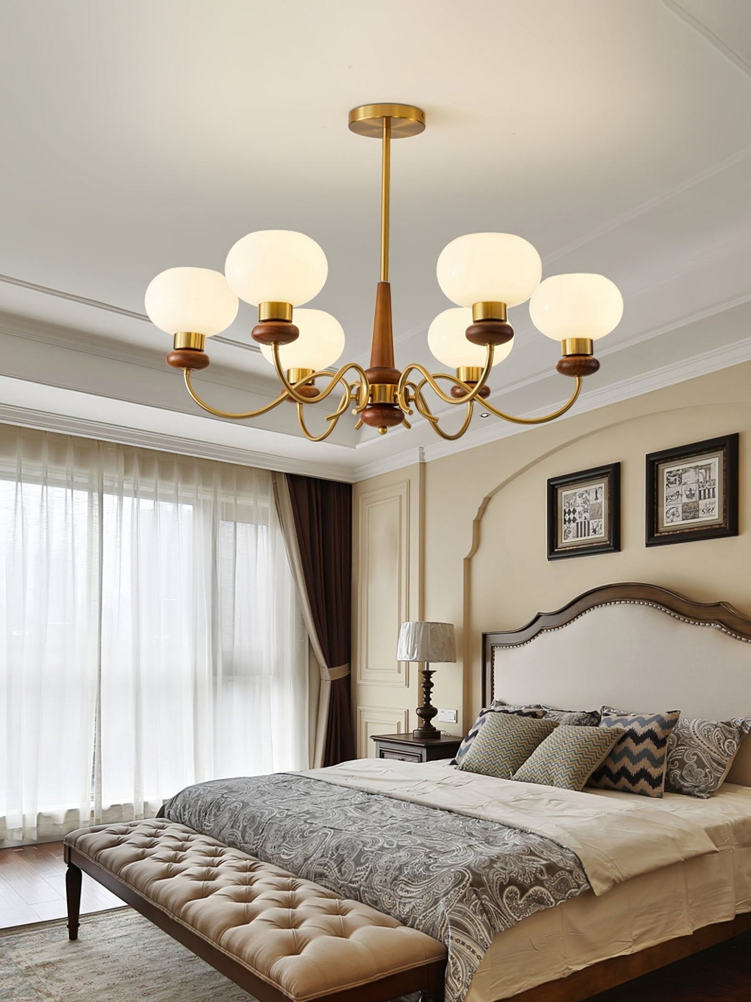 Lustra Chandelier Brass Wood Globe Classic-Neutral Decor