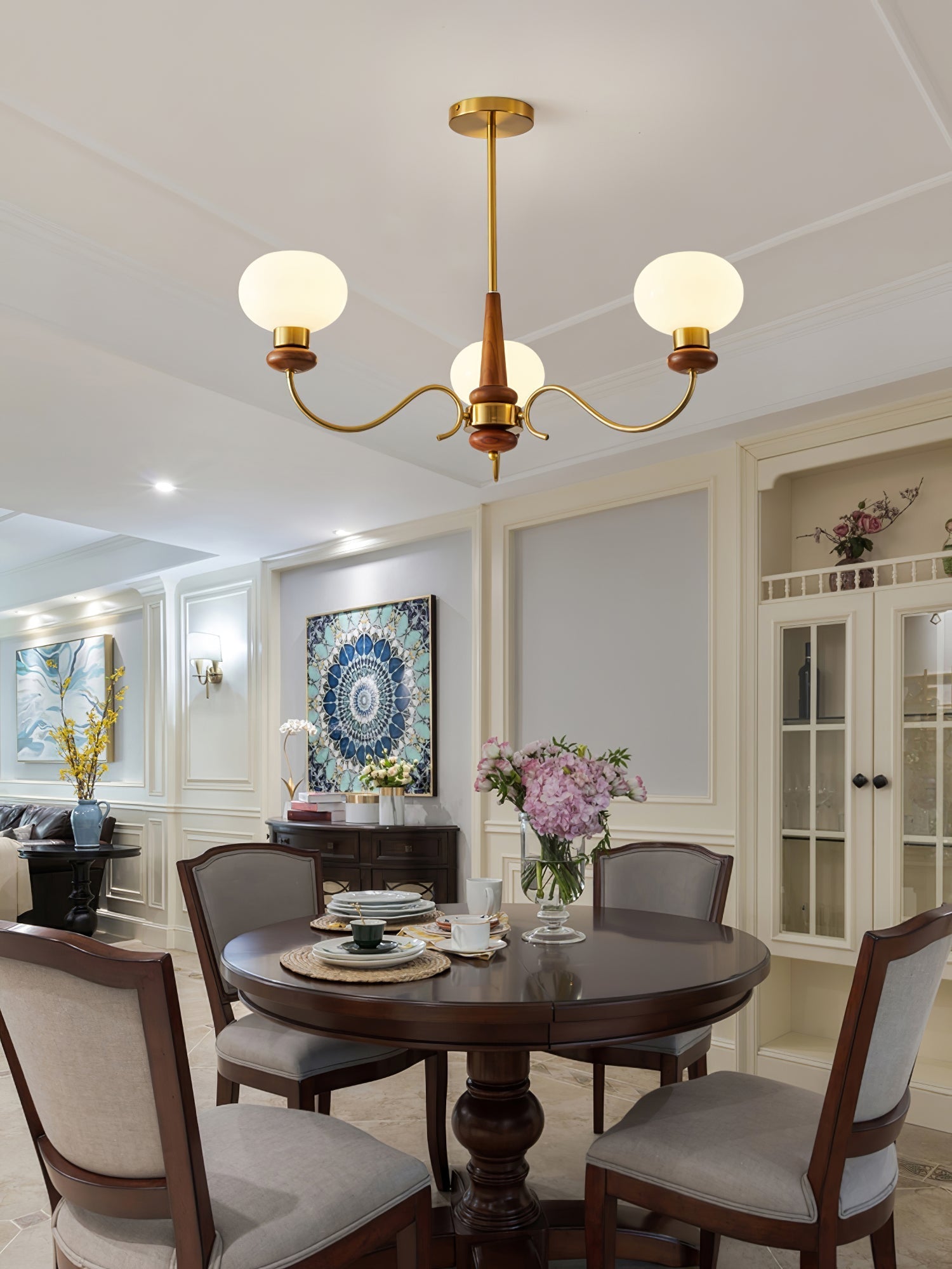 Lustra Chandelier Brass Wood Globe Classic-Neutral Decor