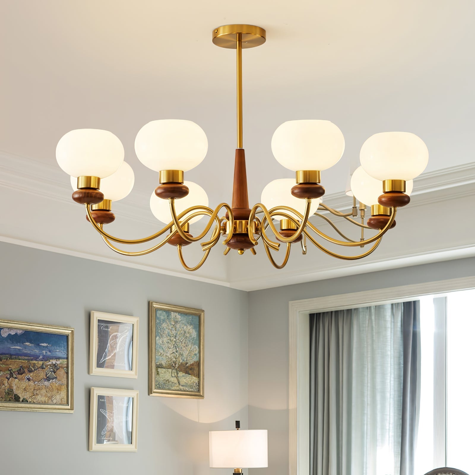 Lustra Chandelier Brass Wood Globe Classic-Neutral Decor