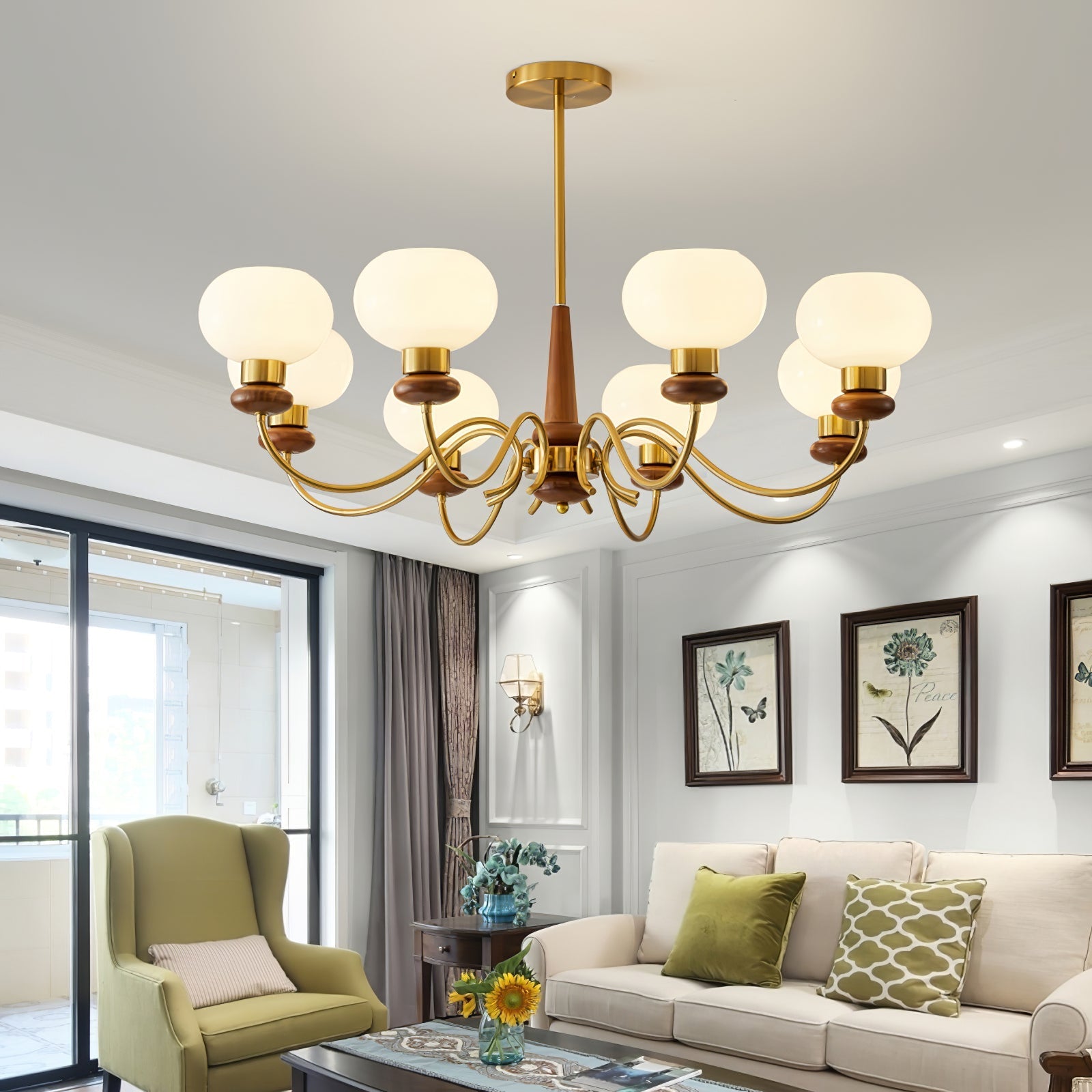 Lustra Chandelier Brass Wood Globe Classic-Neutral Decor