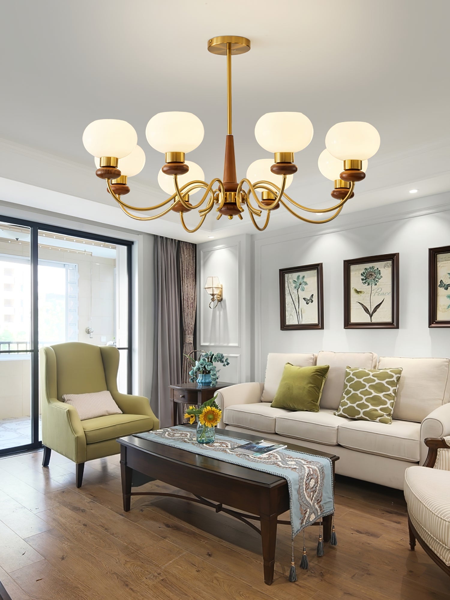 Lustra Chandelier Brass Wood Globe Classic-Neutral Decor
