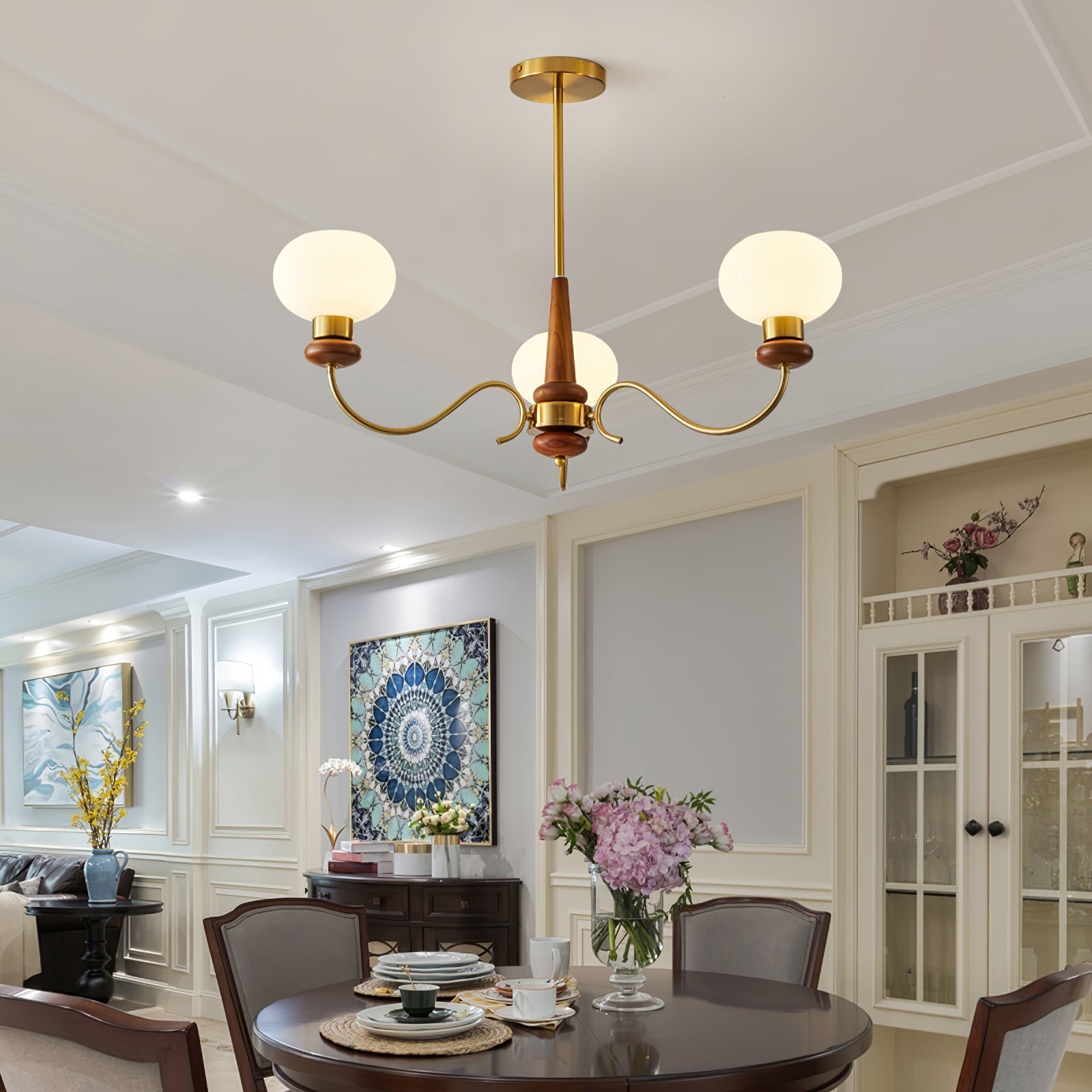 Lustra Chandelier Brass Wood Globe Classic-Neutral Decor
