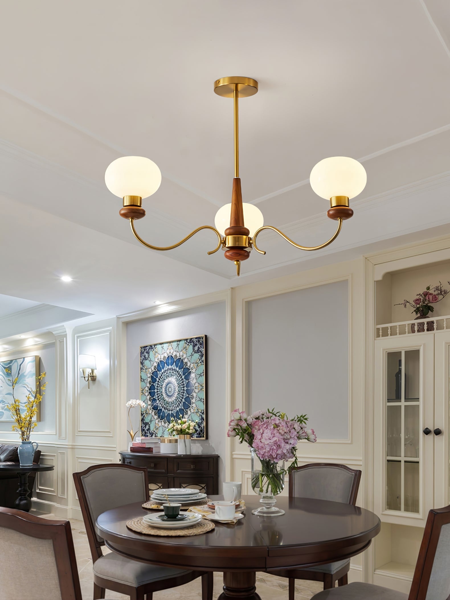 Lustra Chandelier Brass Wood Globe Classic-Neutral Decor