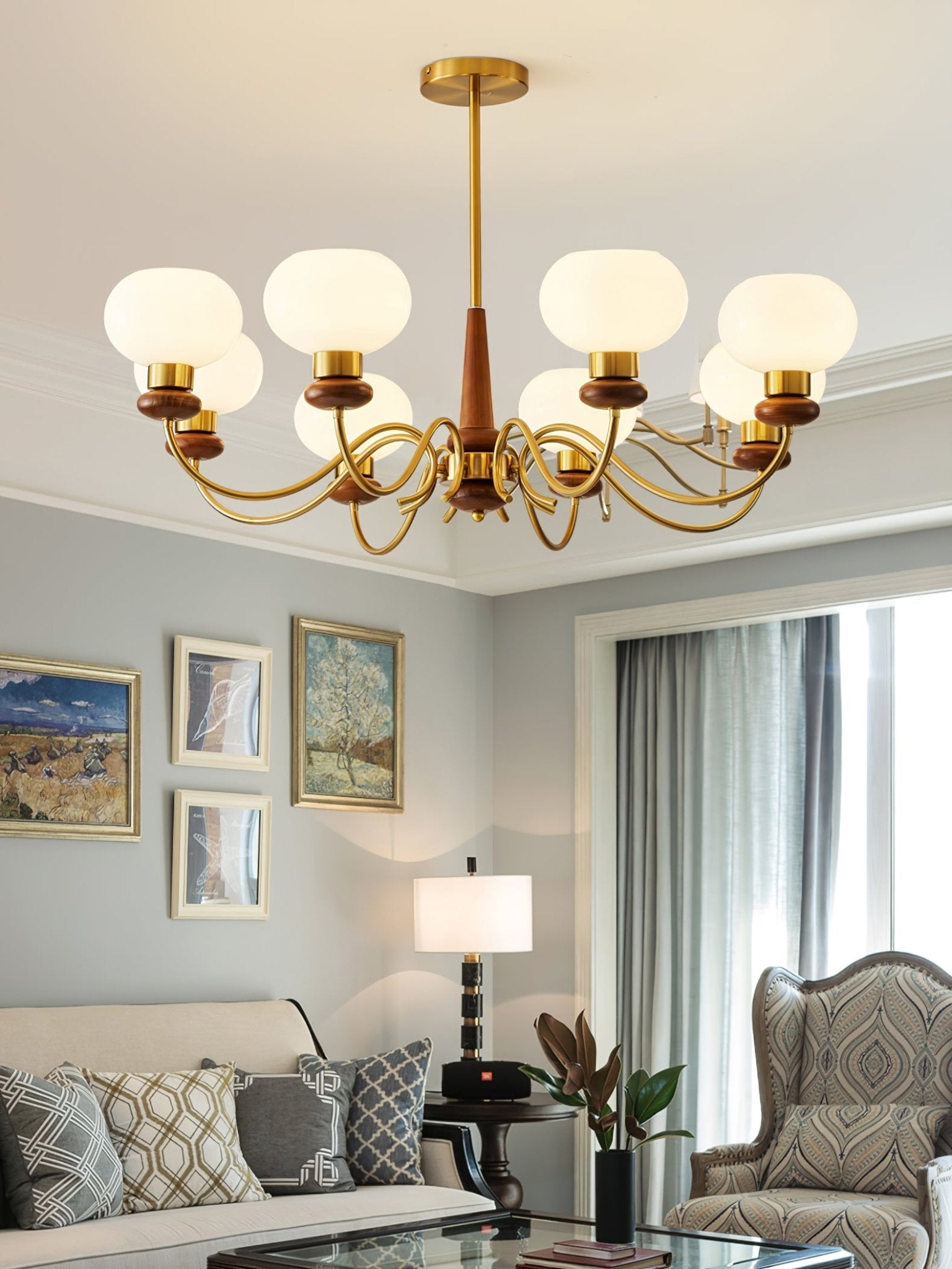 Lustra Chandelier Brass Wood Globe Classic-Neutral Decor