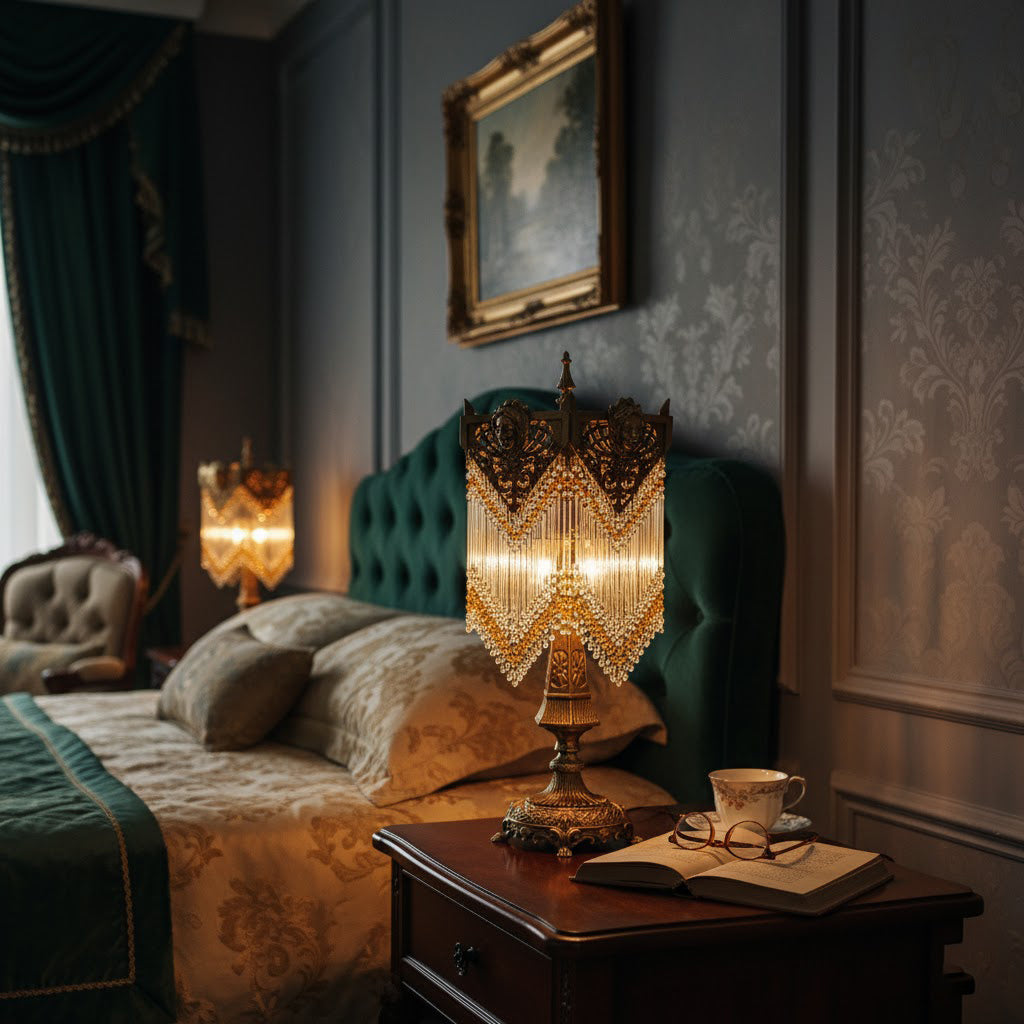 Close-up of the crystal embellishments on the Regency Table Lamp.