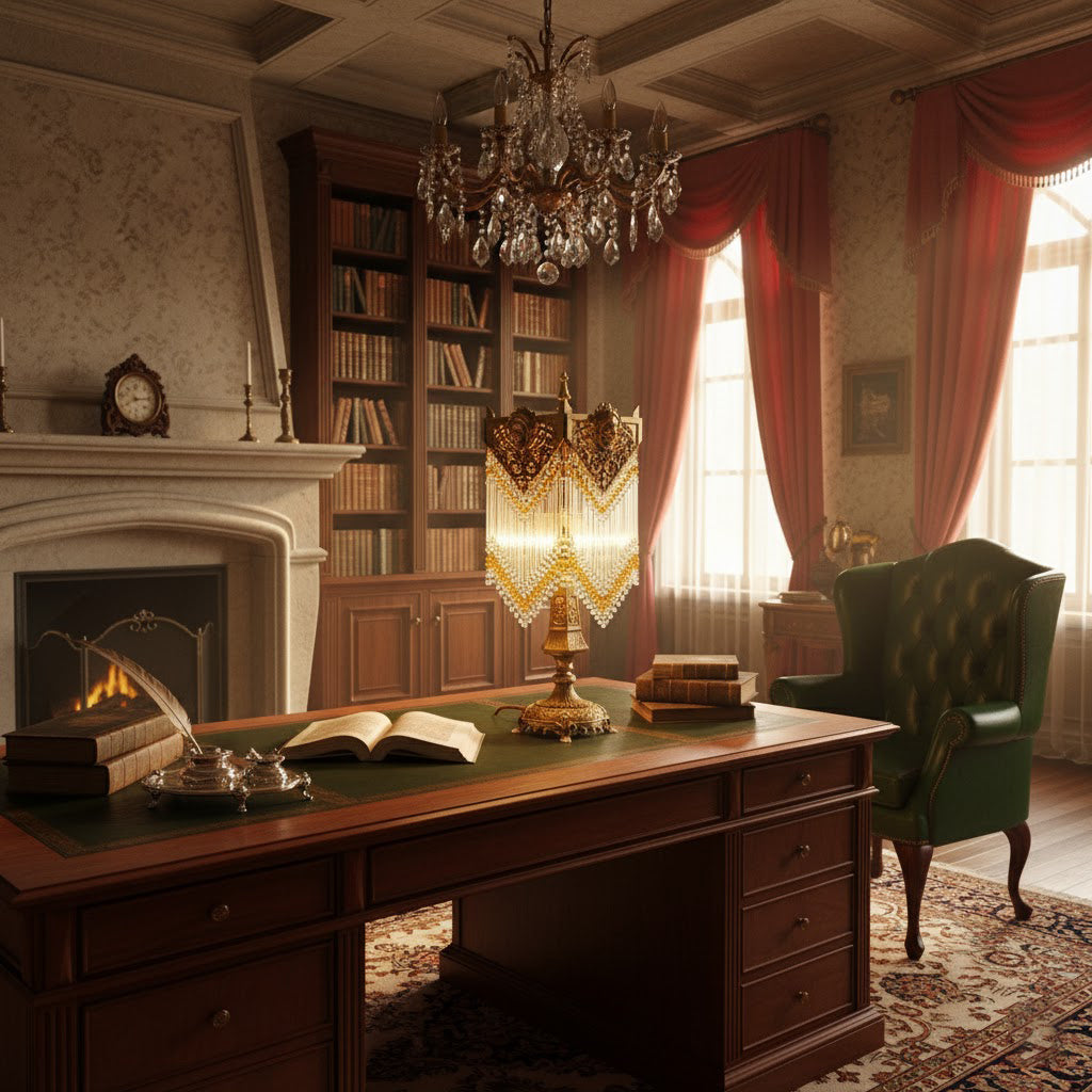 Regency Table Lamp illuminated, casting a warm glow.