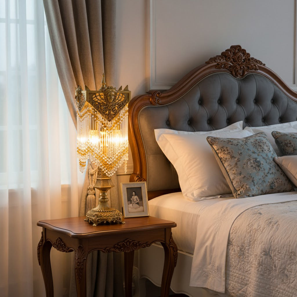 The lamp on a console table in an entryway.