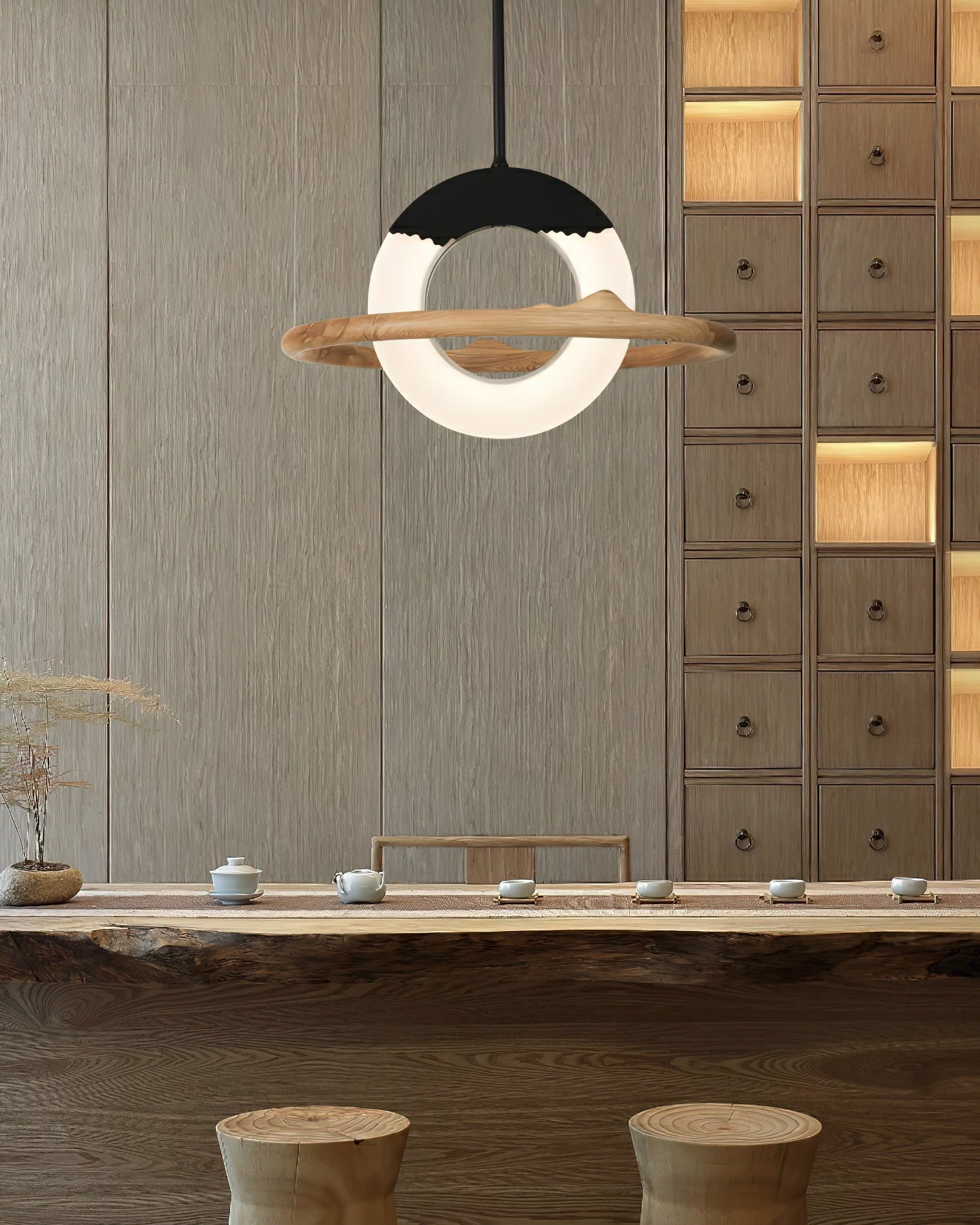 Mytalan Circular Acrylic Wood Pendant Light-Neutral Decor