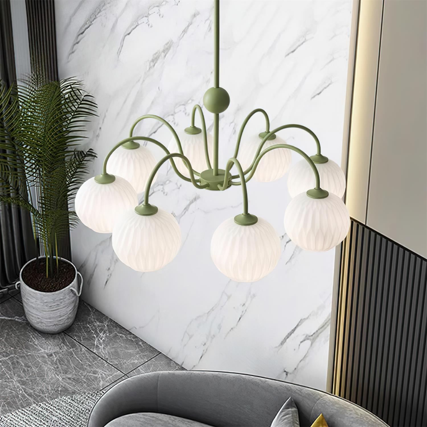 Colven Chandelier Green Ribbed Glass Modern 8-Light-Neutral Decor