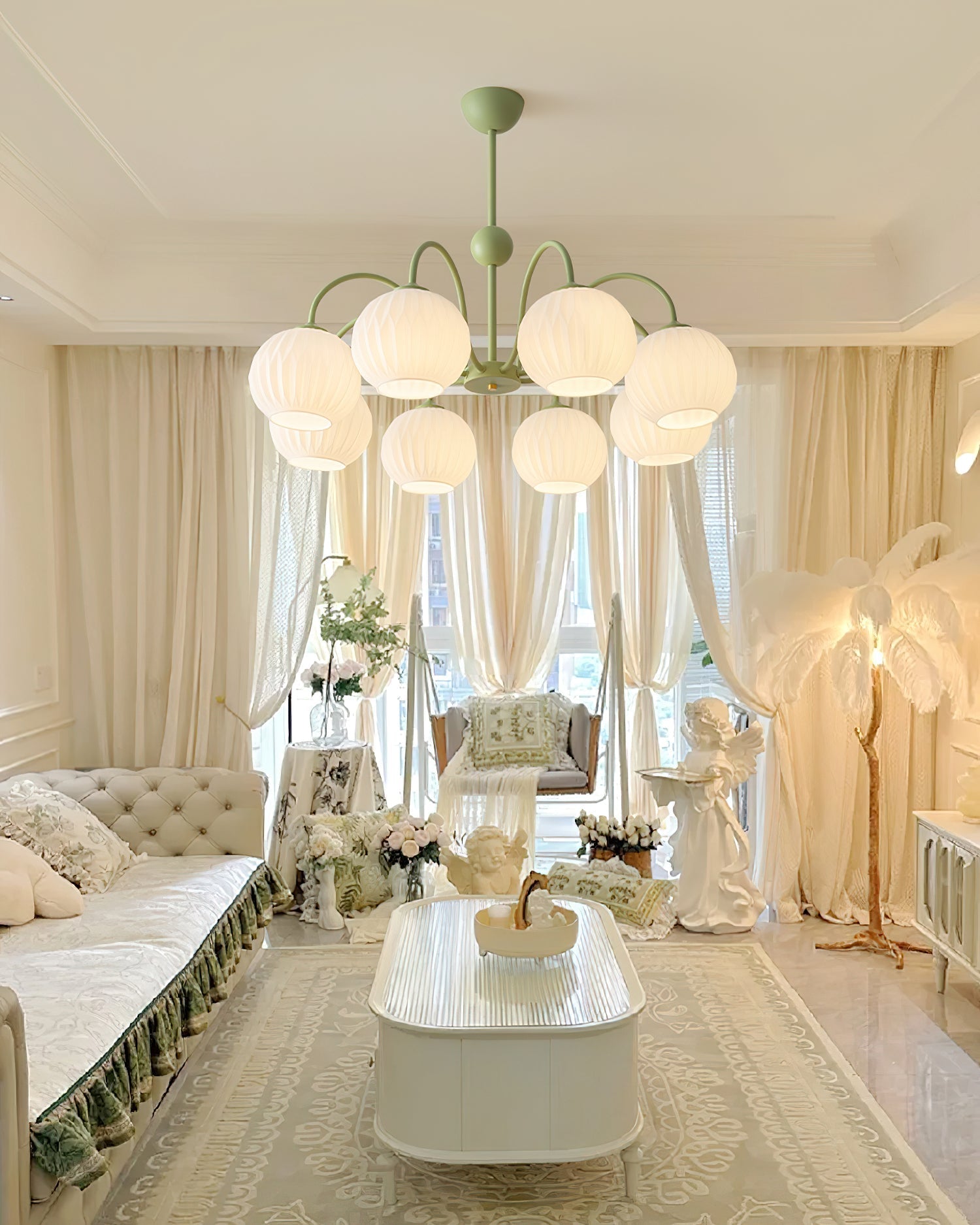 Colven Chandelier Green Ribbed Glass Modern 8-Light-Neutral Decor