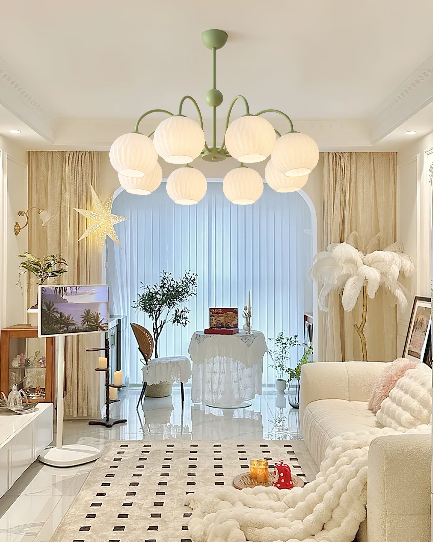 Colven Chandelier Green Ribbed Glass Modern 8-Light-Neutral Decor