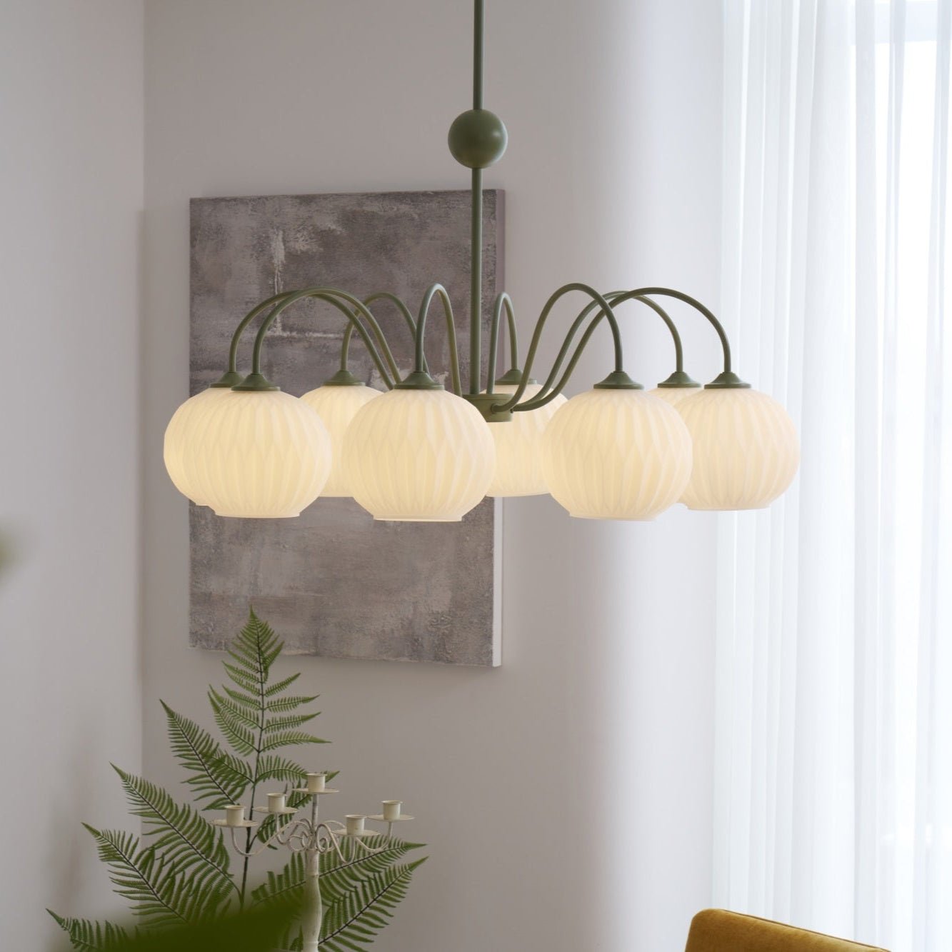 Colven Chandelier Green Ribbed Glass Modern 8-Light-Neutral Decor