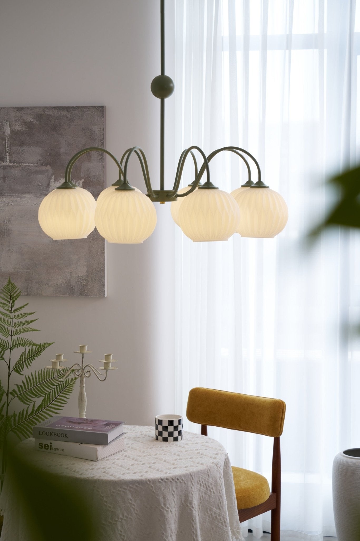 Colven Chandelier Green Ribbed Glass Modern 8-Light-Neutral Decor