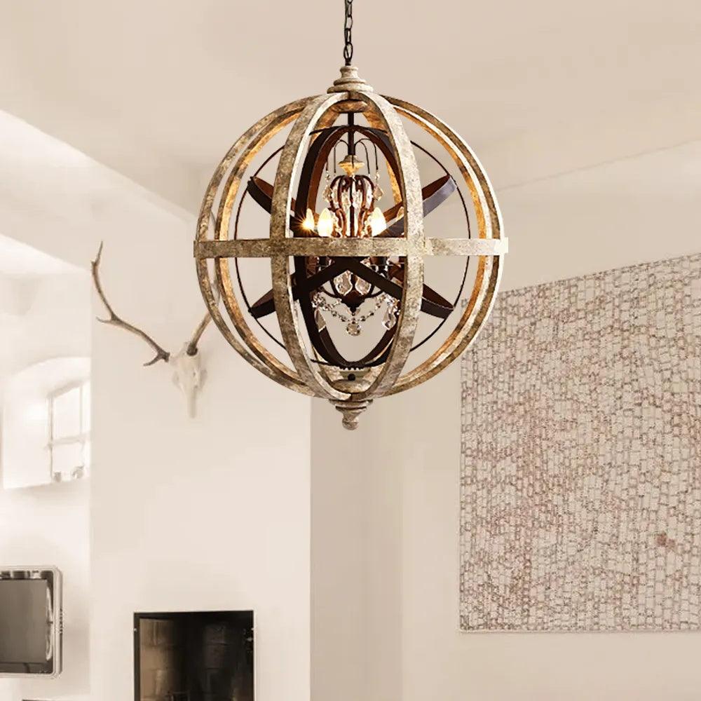Juno Chandelier Retro Globe with Weathered Wood-Neutral Decor