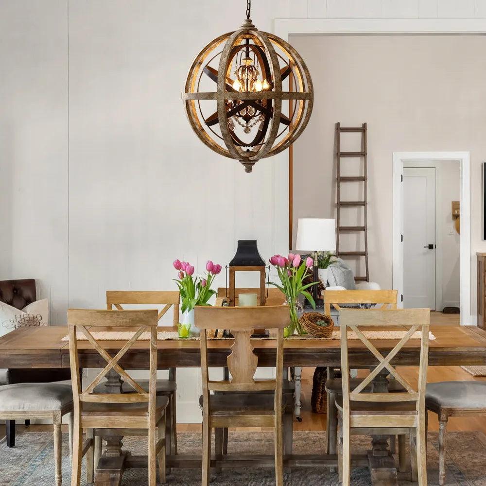 Juno Chandelier Retro Globe with Weathered Wood-Neutral Decor