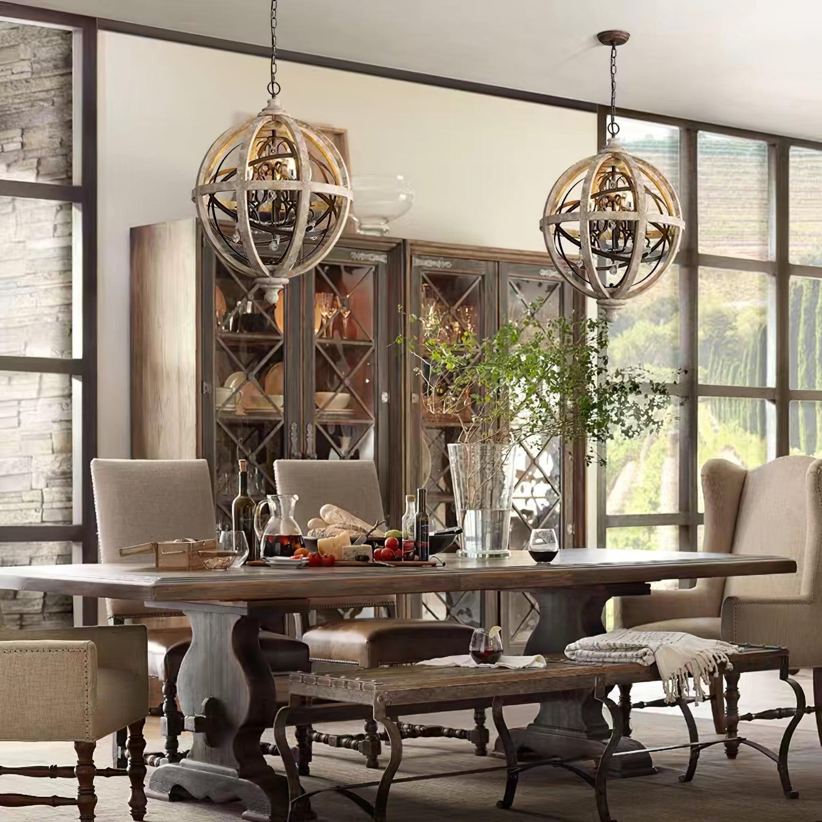 Juno Chandelier Retro Globe with Weathered Wood-Neutral Decor