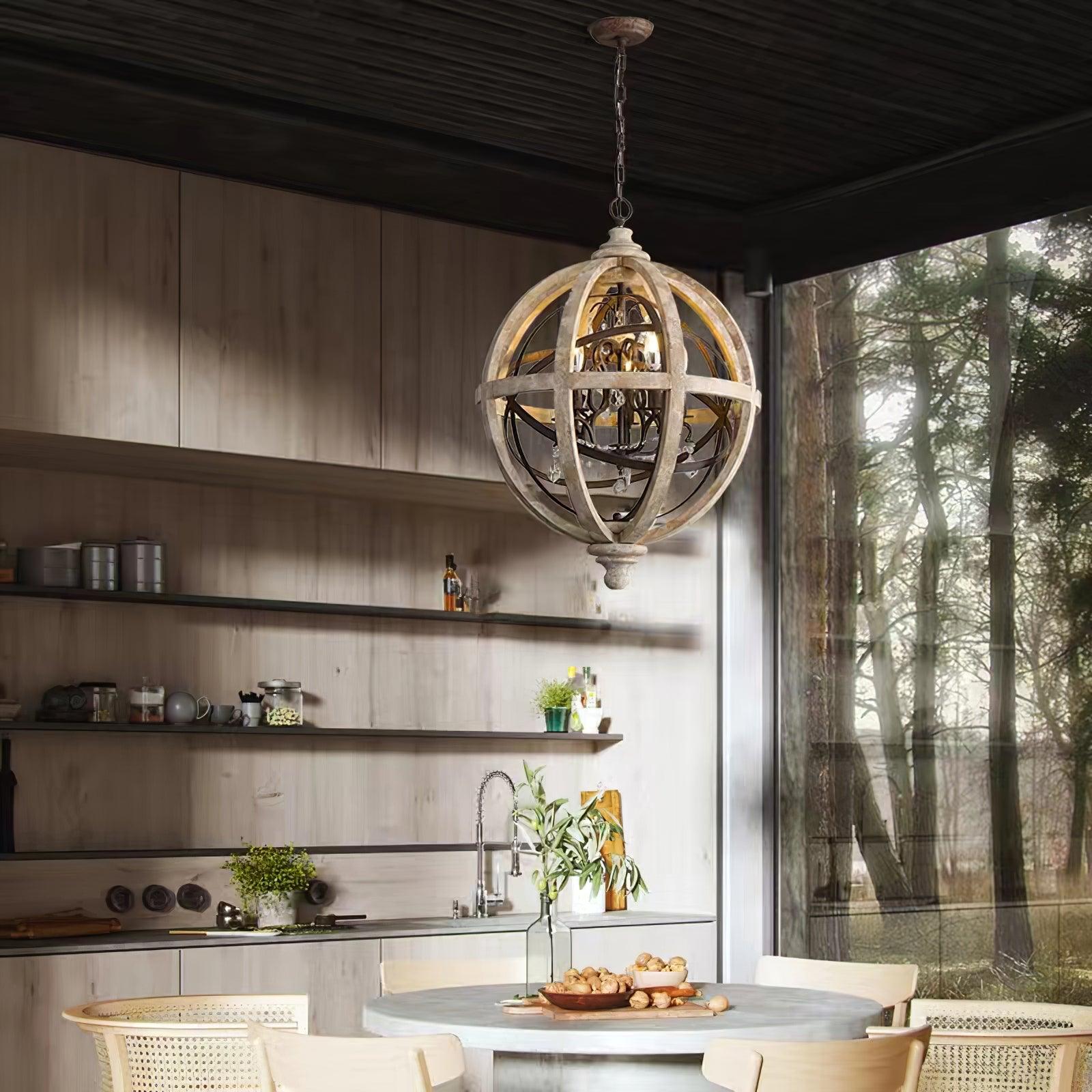 Juno Chandelier Retro Globe with Weathered Wood-Neutral Decor