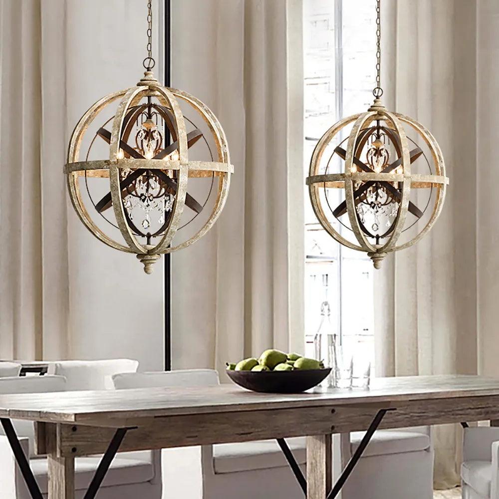 Juno Chandelier Retro Globe with Weathered Wood-Neutral Decor