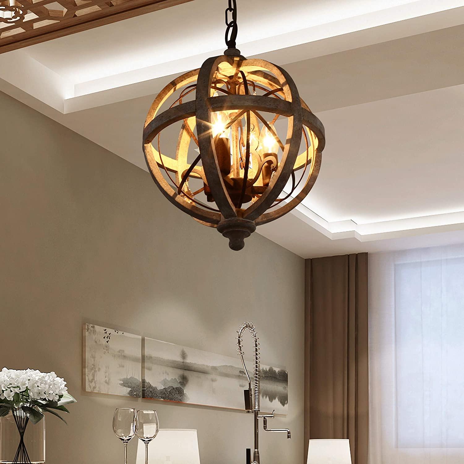 Juno Chandelier Retro Globe with Weathered Wood-Neutral Decor
