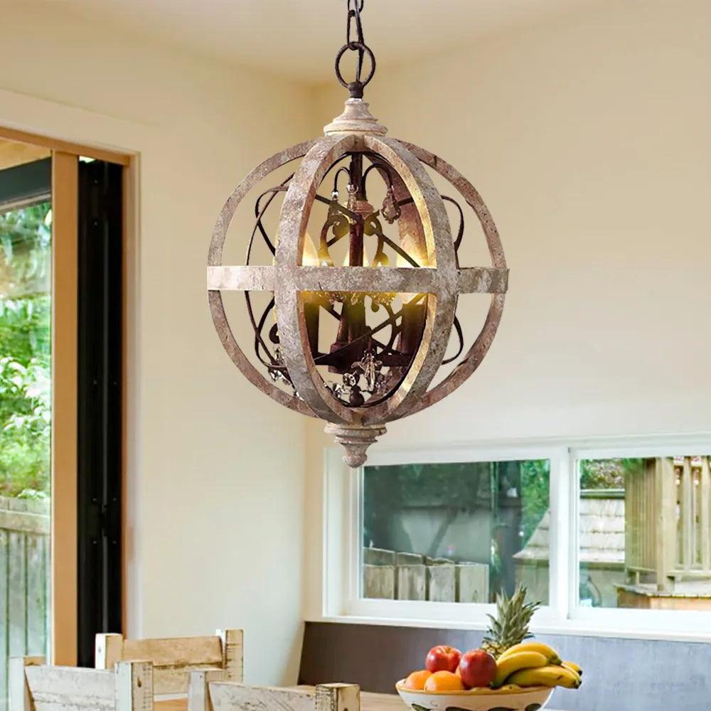 Juno Chandelier Retro Globe with Weathered Wood-Neutral Decor