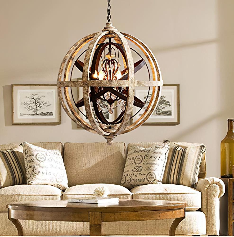 Juno Chandelier Retro Globe with Weathered Wood-Neutral Decor