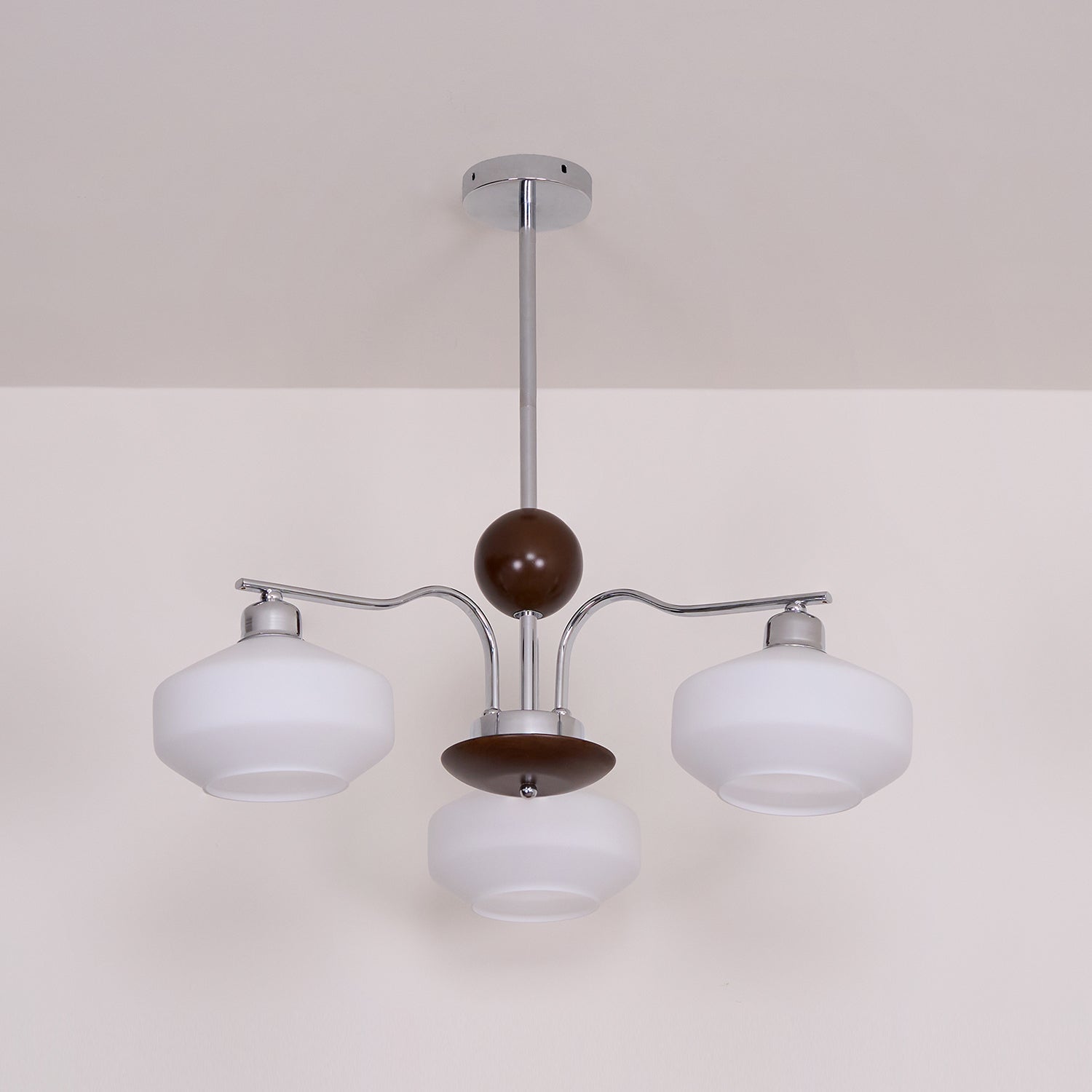 Chandelier White Glass Shades Chrome Walnut Arms Retro
