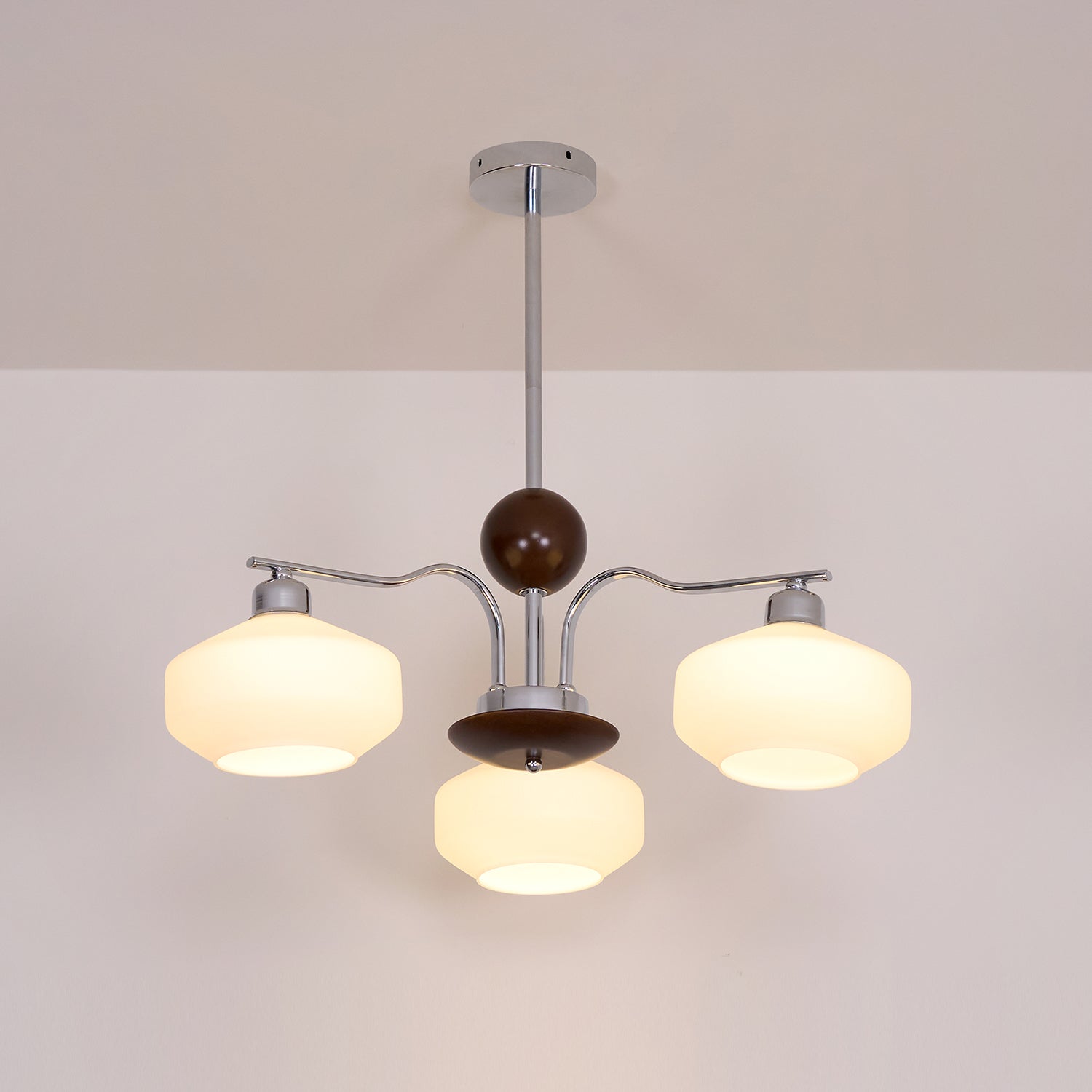 Chandelier White Glass Shades Chrome Walnut Arms Retro