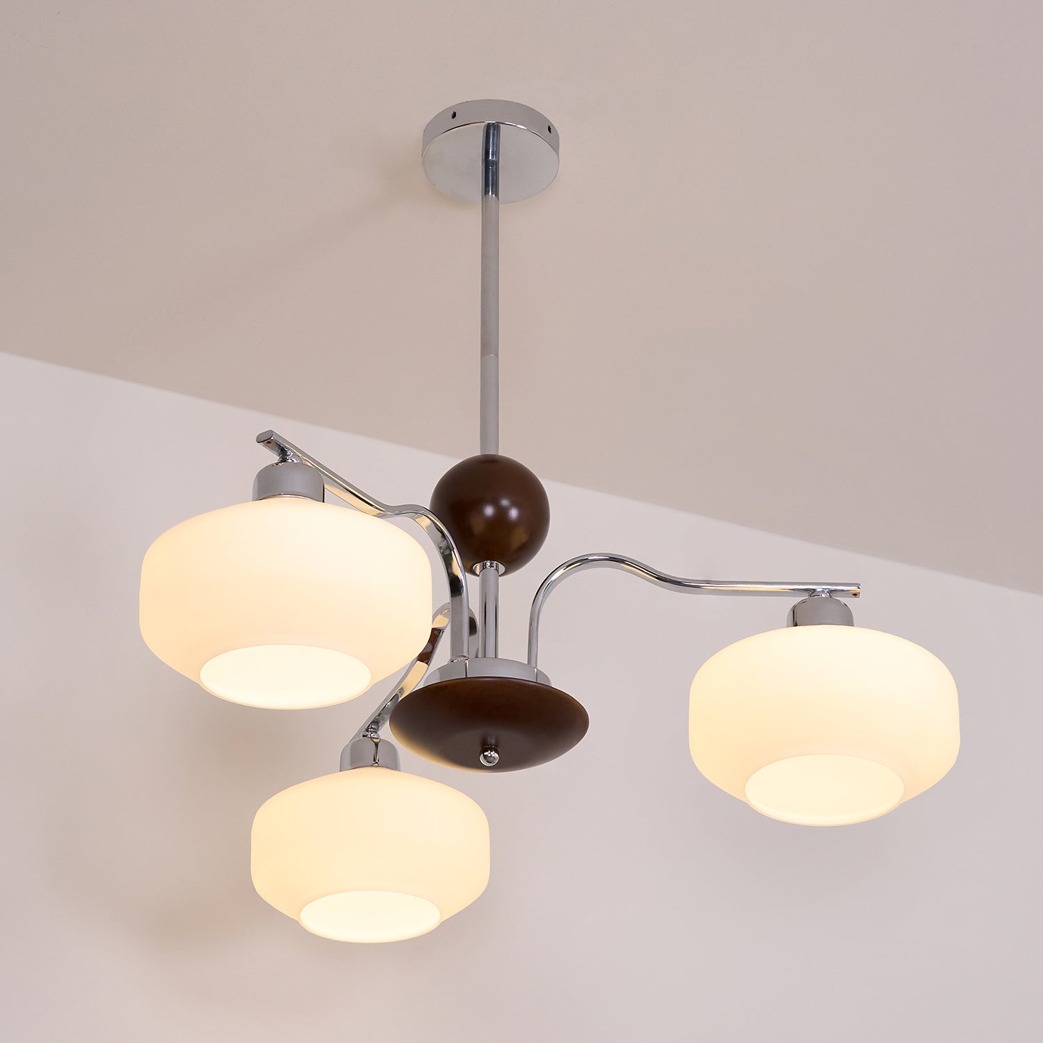 Chandelier White Glass Shades Chrome Walnut Arms Retro