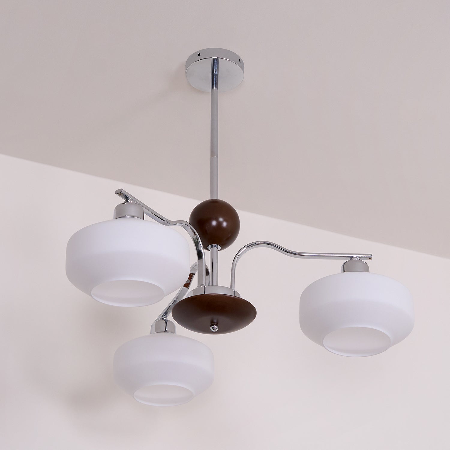 Chandelier White Glass Shades Chrome Walnut Arms Retro