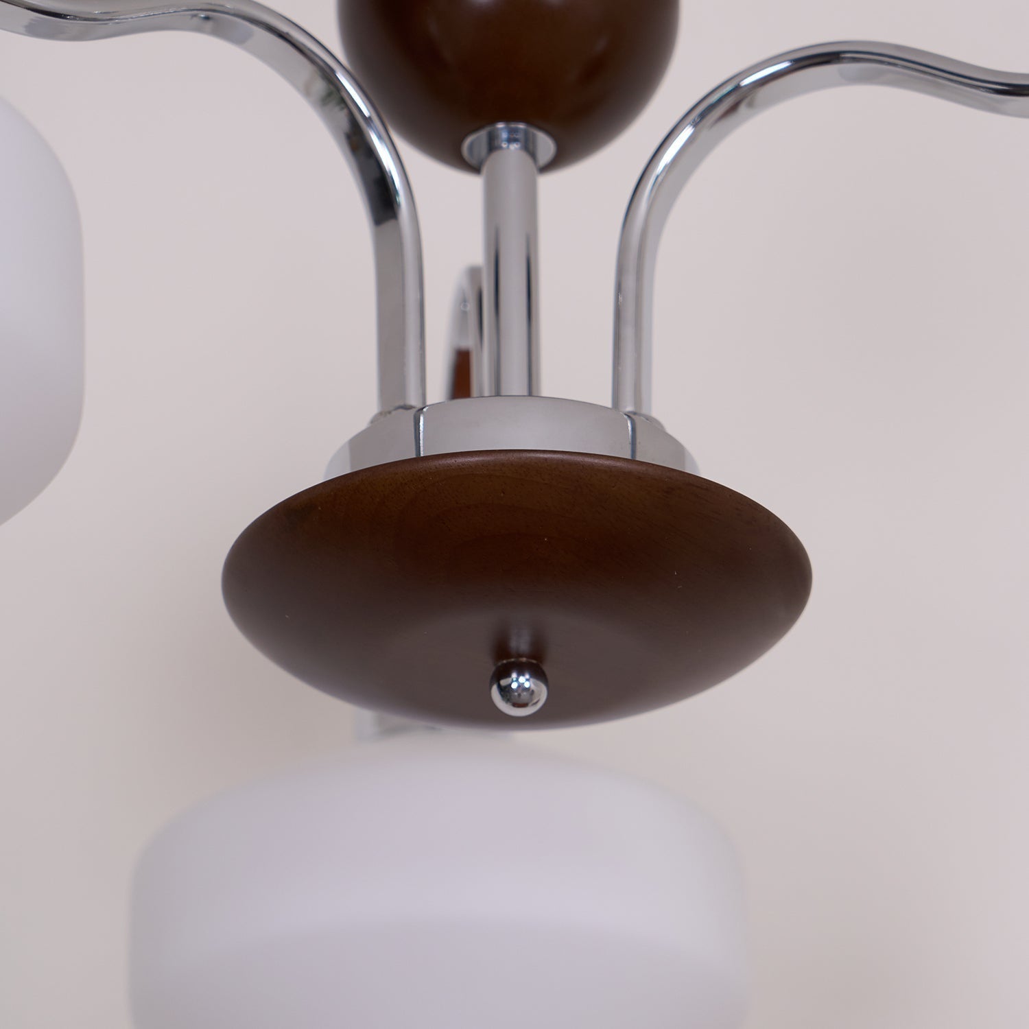 Chandelier White Glass Shades Chrome Walnut Arms Retro