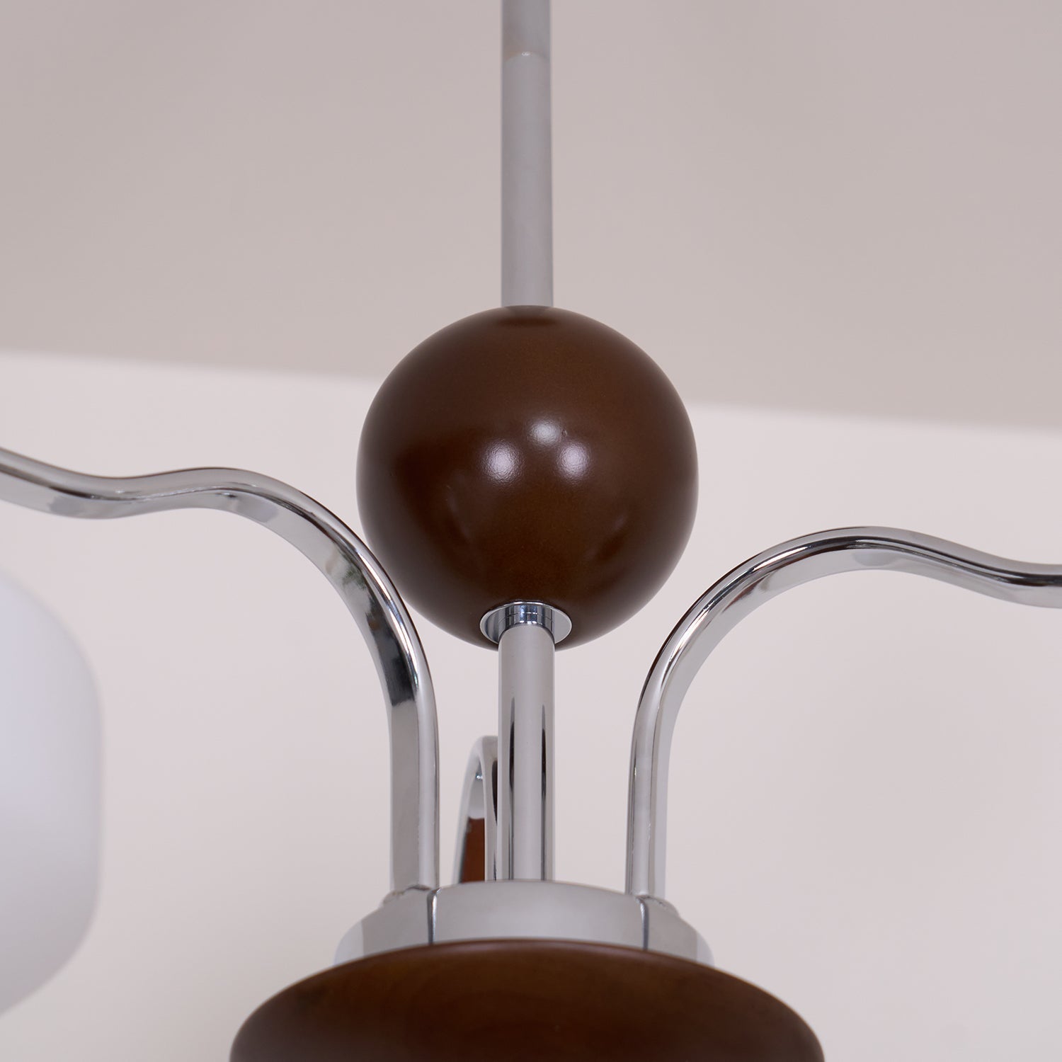 Chandelier White Glass Shades Chrome Walnut Arms Retro
