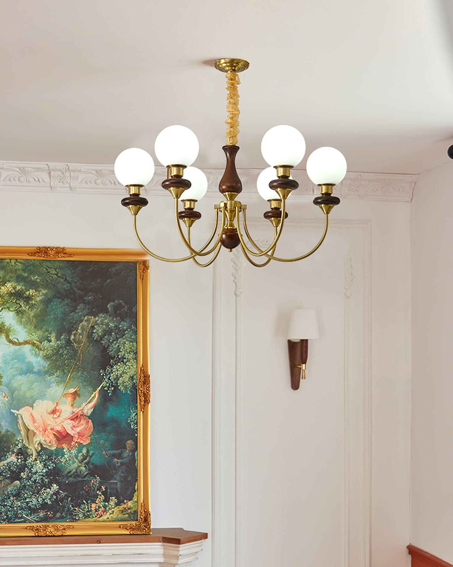 Chandelier Brass Curved Arms Walnut Vintage