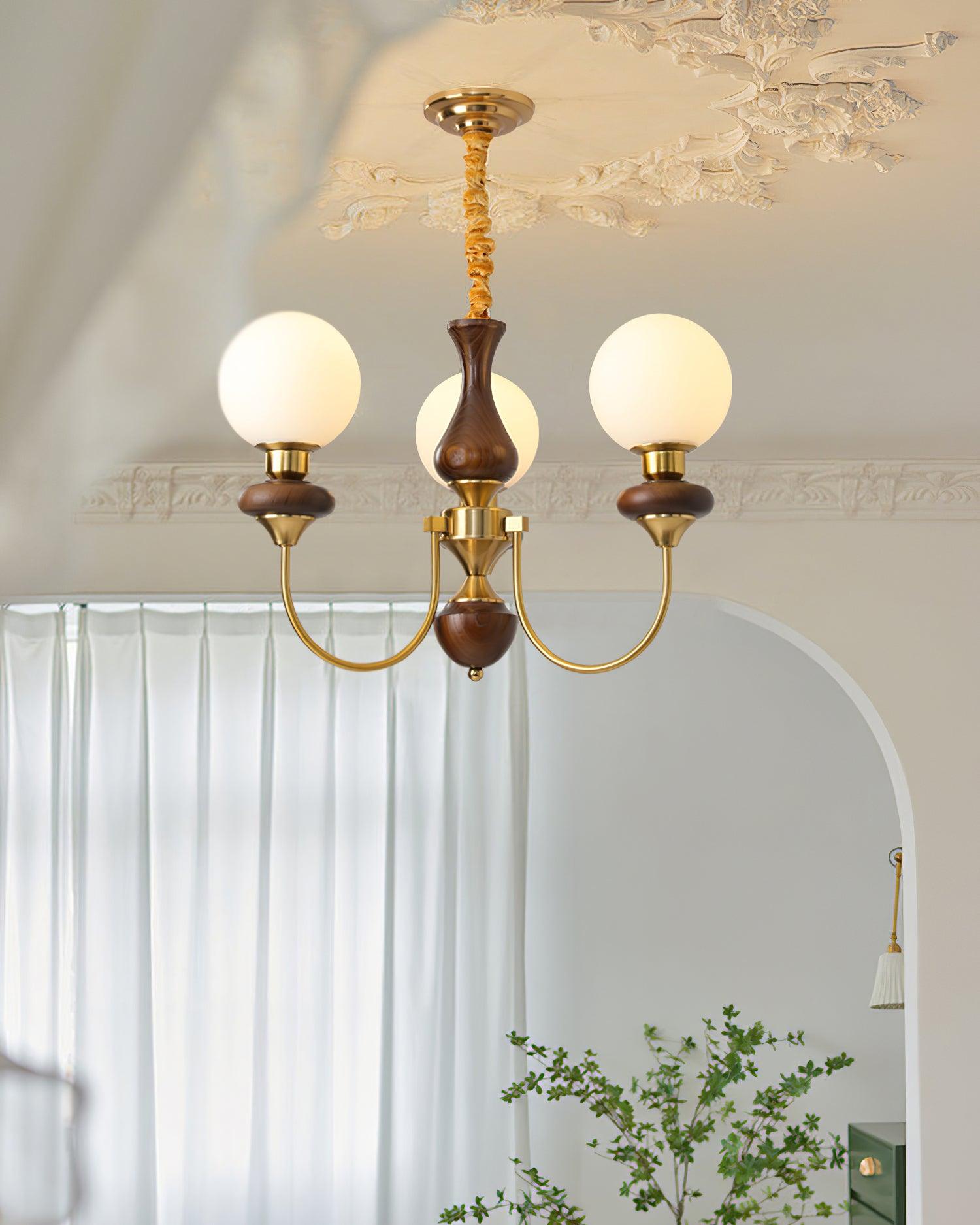 Chandelier Brass Curved Arms Walnut Vintage