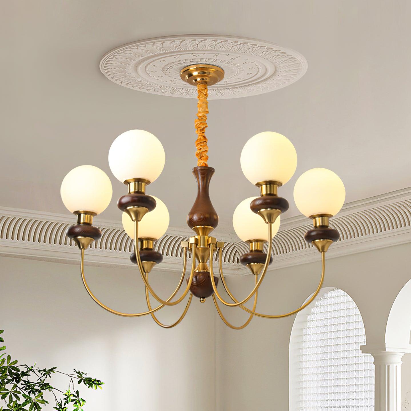 Chandelier Brass Curved Arms Walnut Vintage