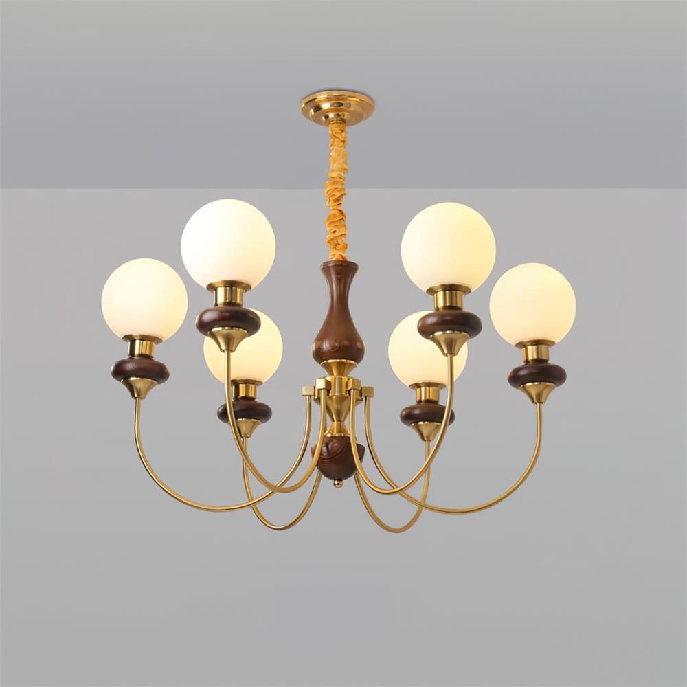 Chandelier Brass Curved Arms Walnut Vintage