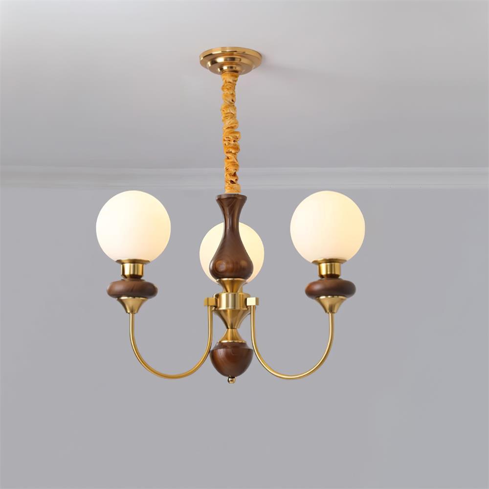 Chandelier Brass Curved Arms Walnut Vintage