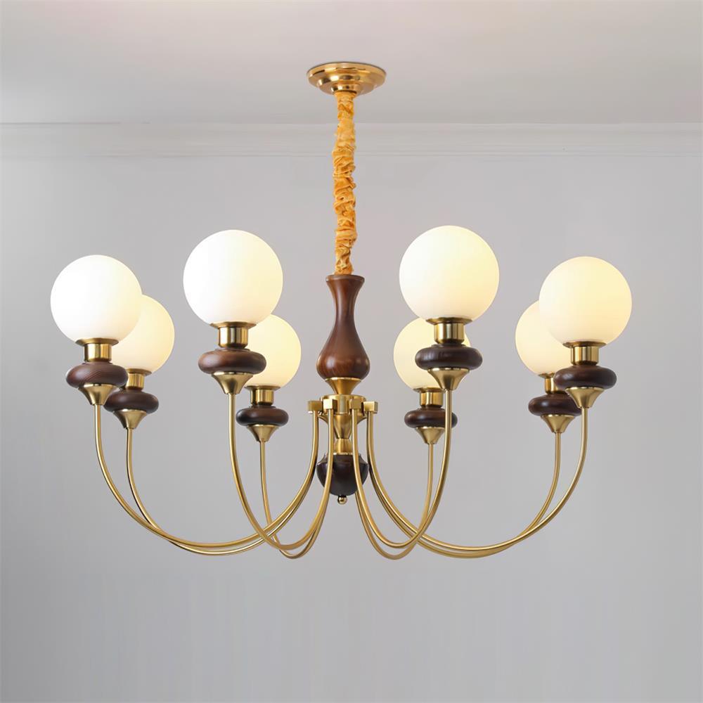 Chandelier Brass Curved Arms Walnut Vintage