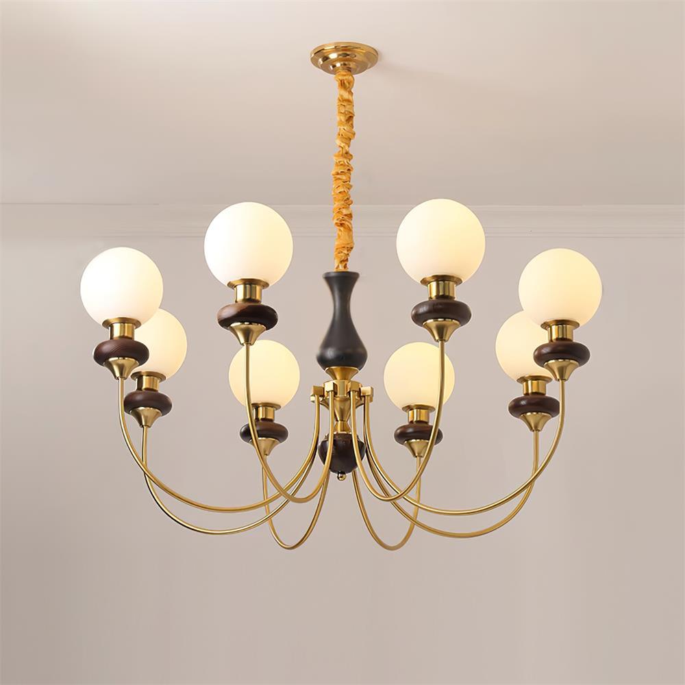Chandelier Brass Curved Arms Walnut Vintage