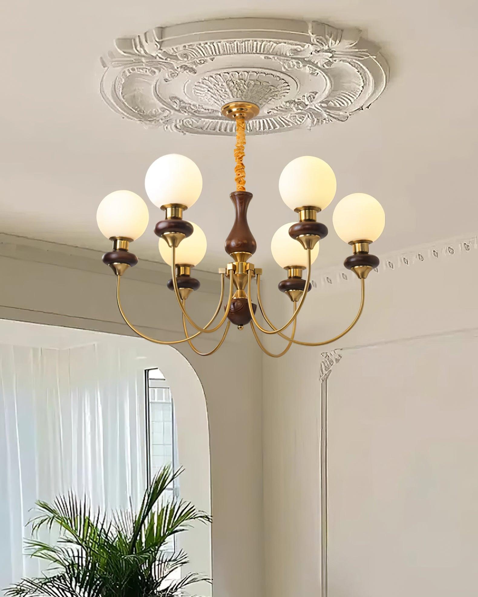 Chandelier Brass Curved Arms Walnut Vintage