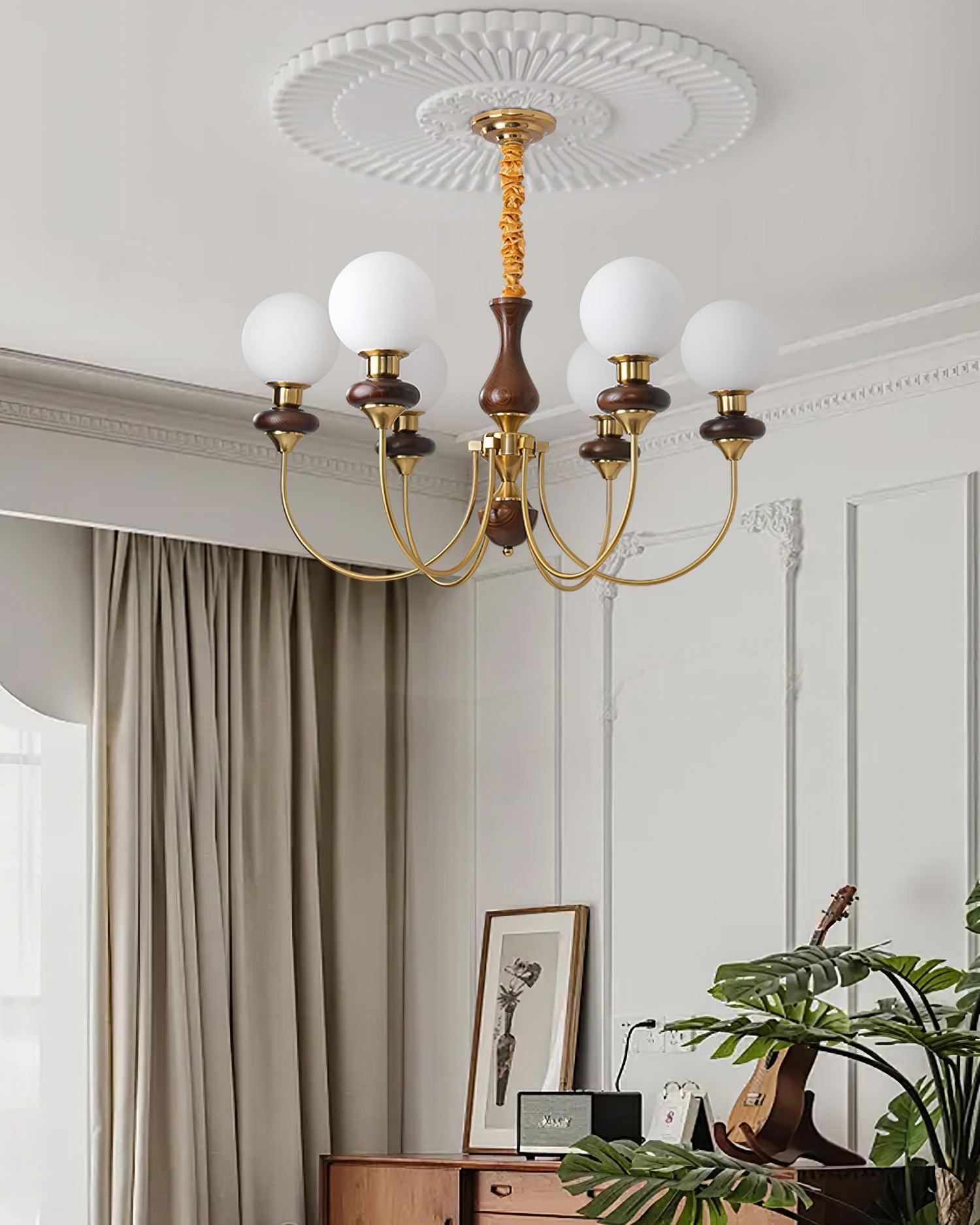 Chandelier Brass Curved Arms Walnut Vintage