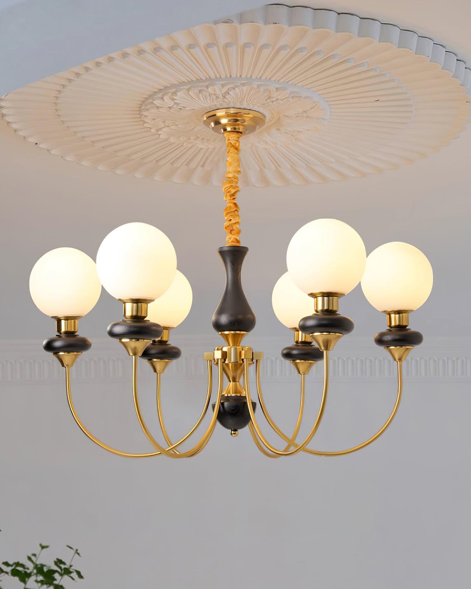 Chandelier Brass Curved Arms Walnut Vintage