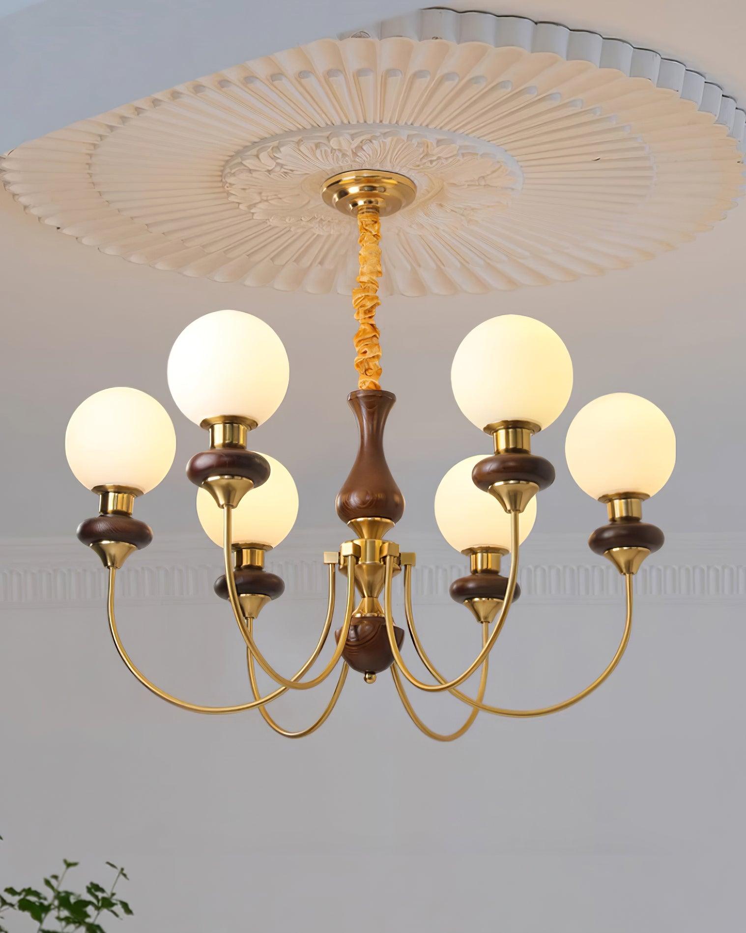 Chandelier Brass Curved Arms Walnut Vintage