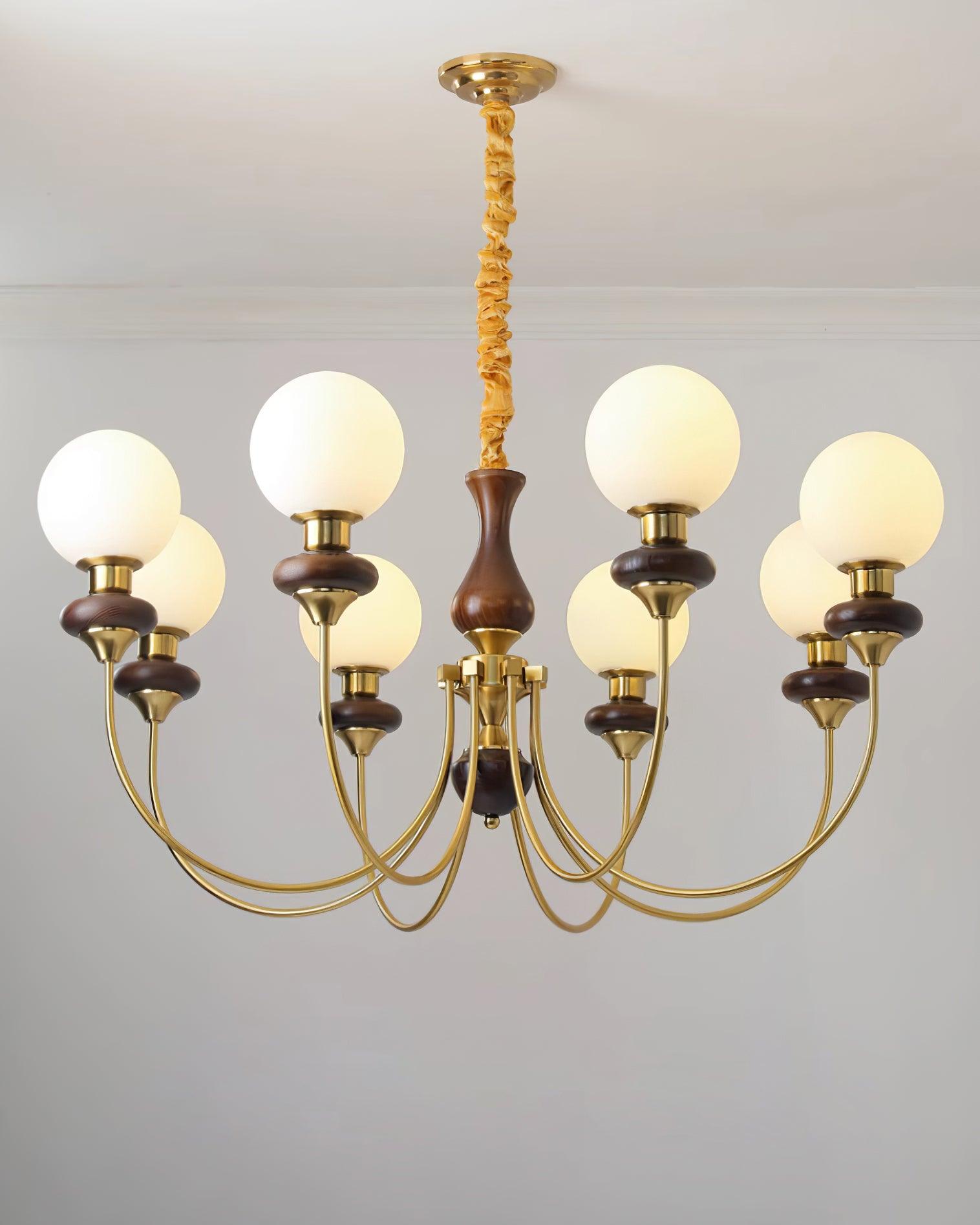 Chandelier Brass Curved Arms Walnut Vintage