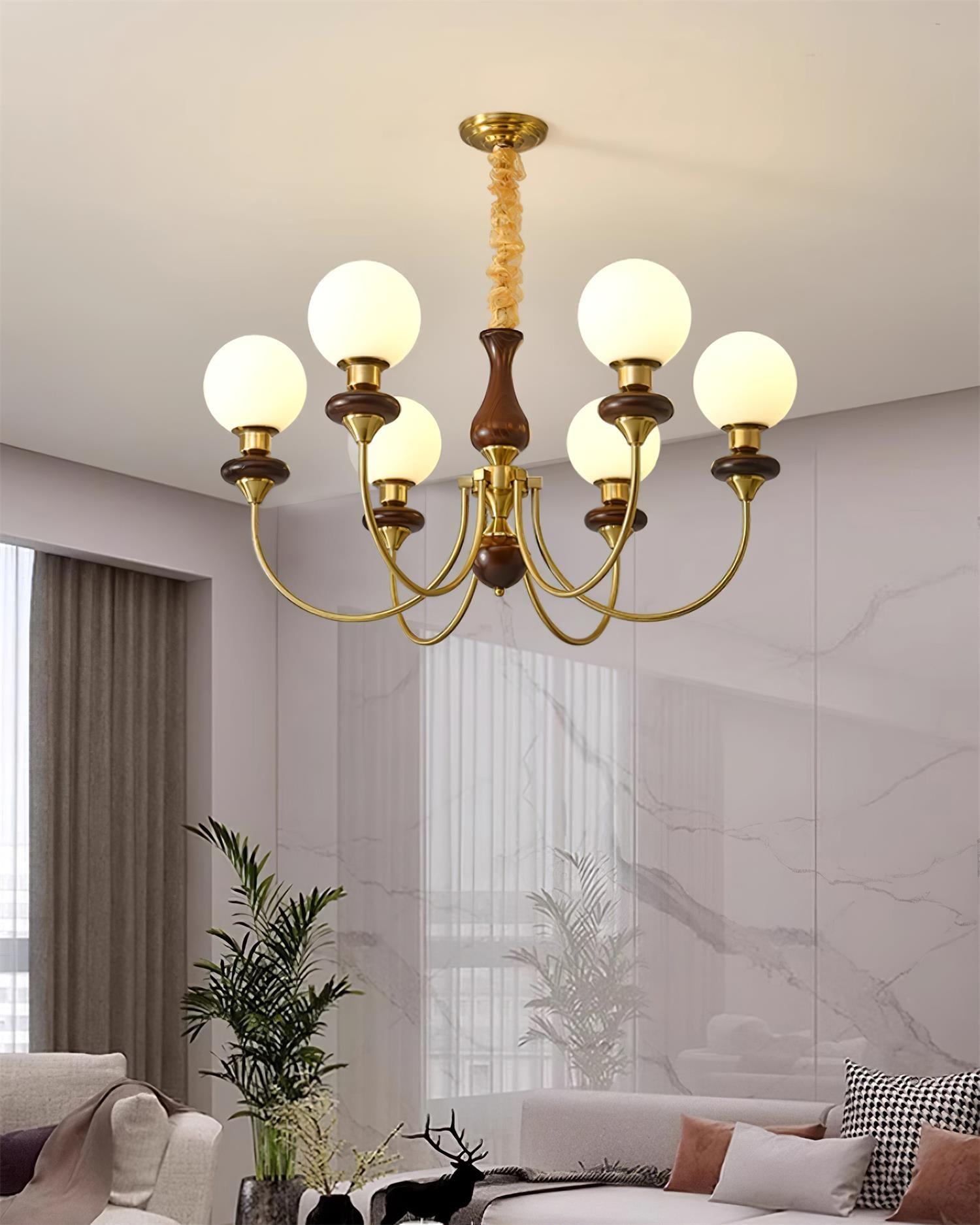 Chandelier Brass Curved Arms Walnut Vintage